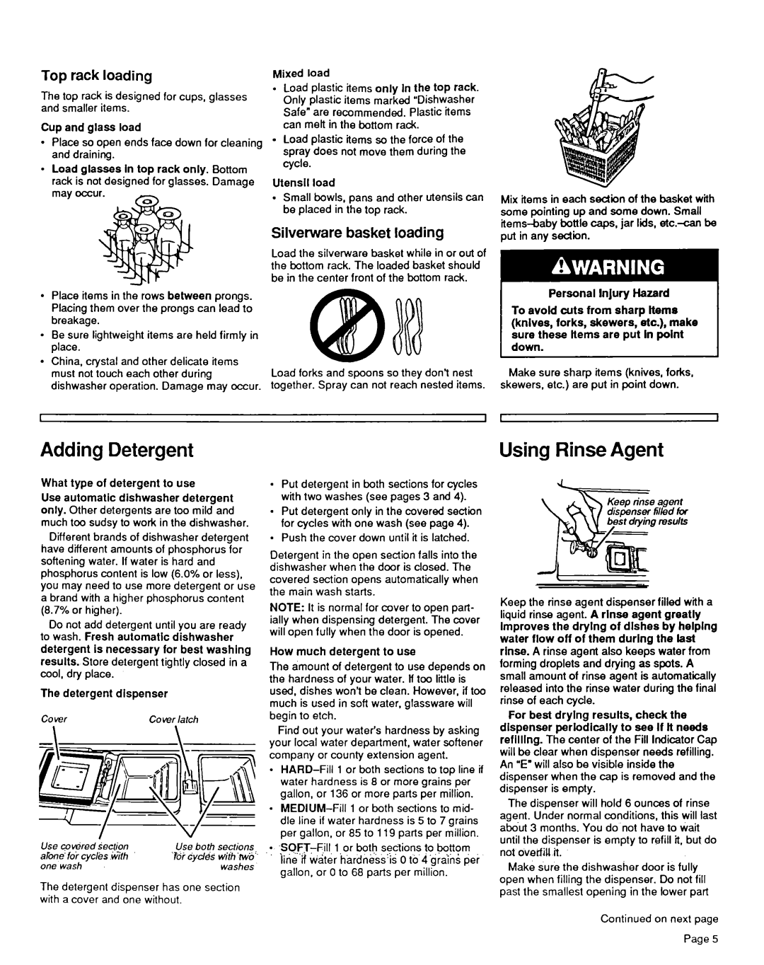 Estate TUD3OOOW installation instructions Adding Detergent, Using Rinse Agent, Top rack loading, Silverware basket loading 