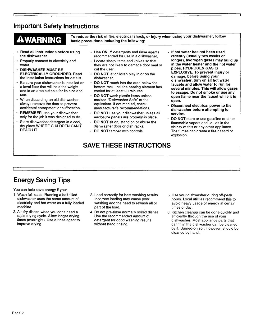 Estate TUD3OOOW installation instructions Save These Instructions, Energy Saving Tips, Safety 