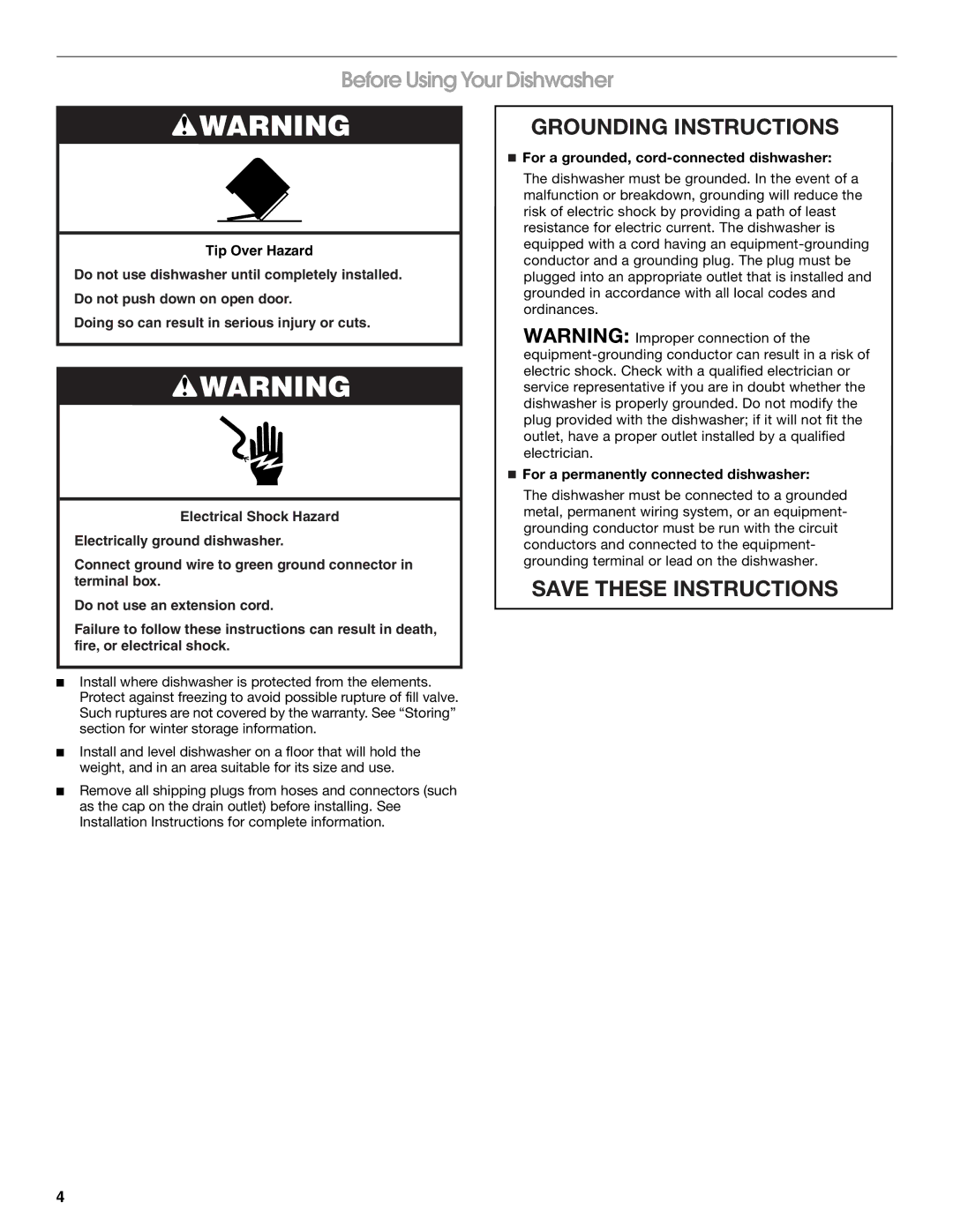 Estate TUD4700 manual Before Using Your Dishwasher, For a grounded, cord-connected dishwasher 