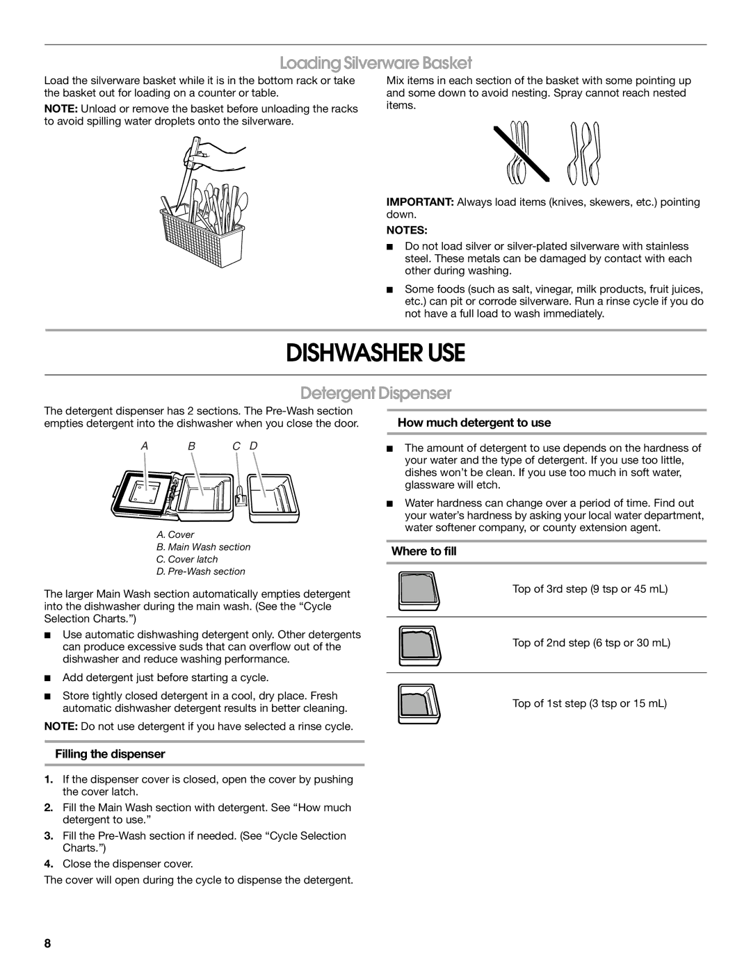 Estate TUD4700 manual Dishwasher USE, Loading Silverware Basket, Detergent Dispenser 