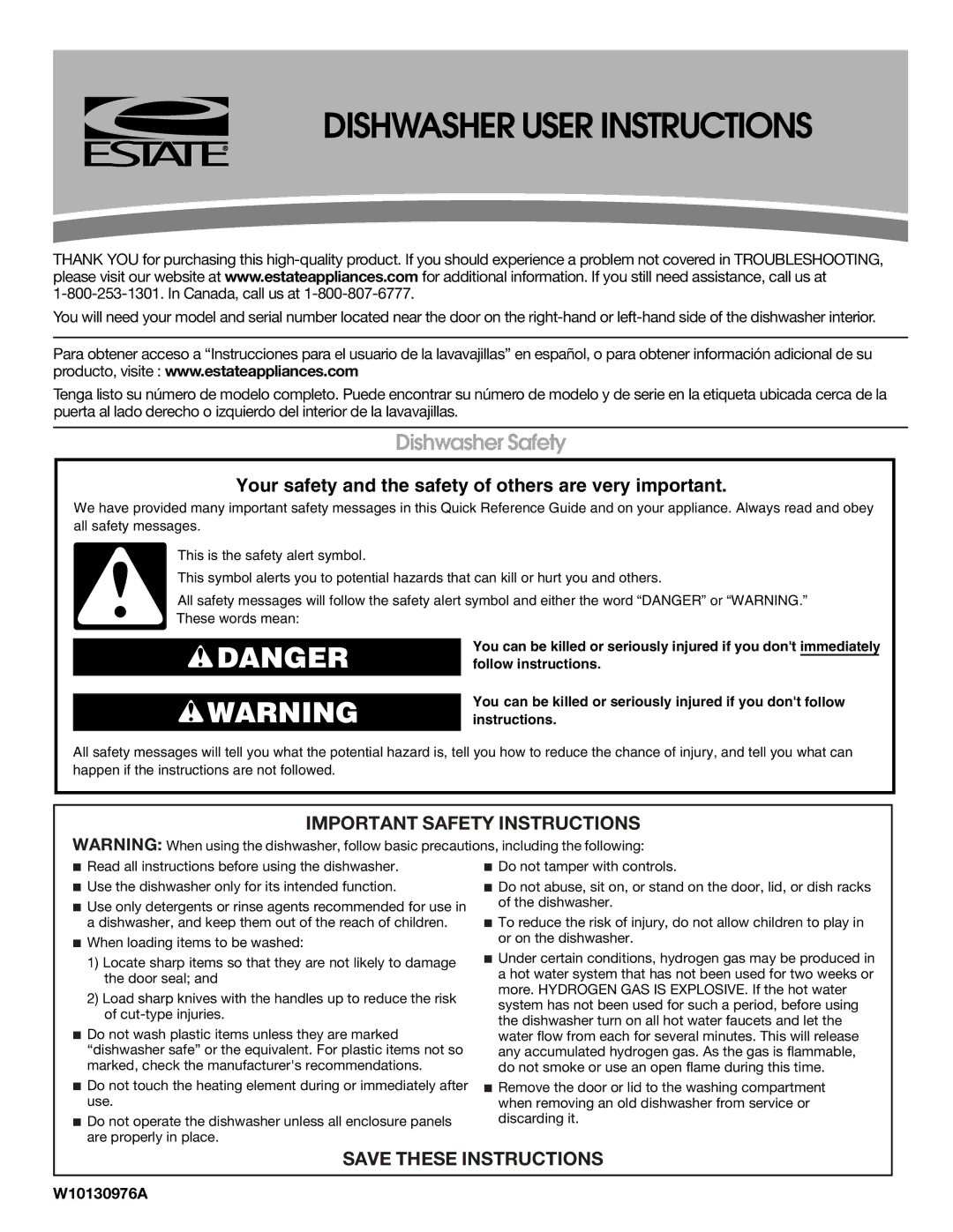 Estate TUD4700SQ important safety instructions Dishwasher User Instructions, Dishwasher Safety, W10130976A 