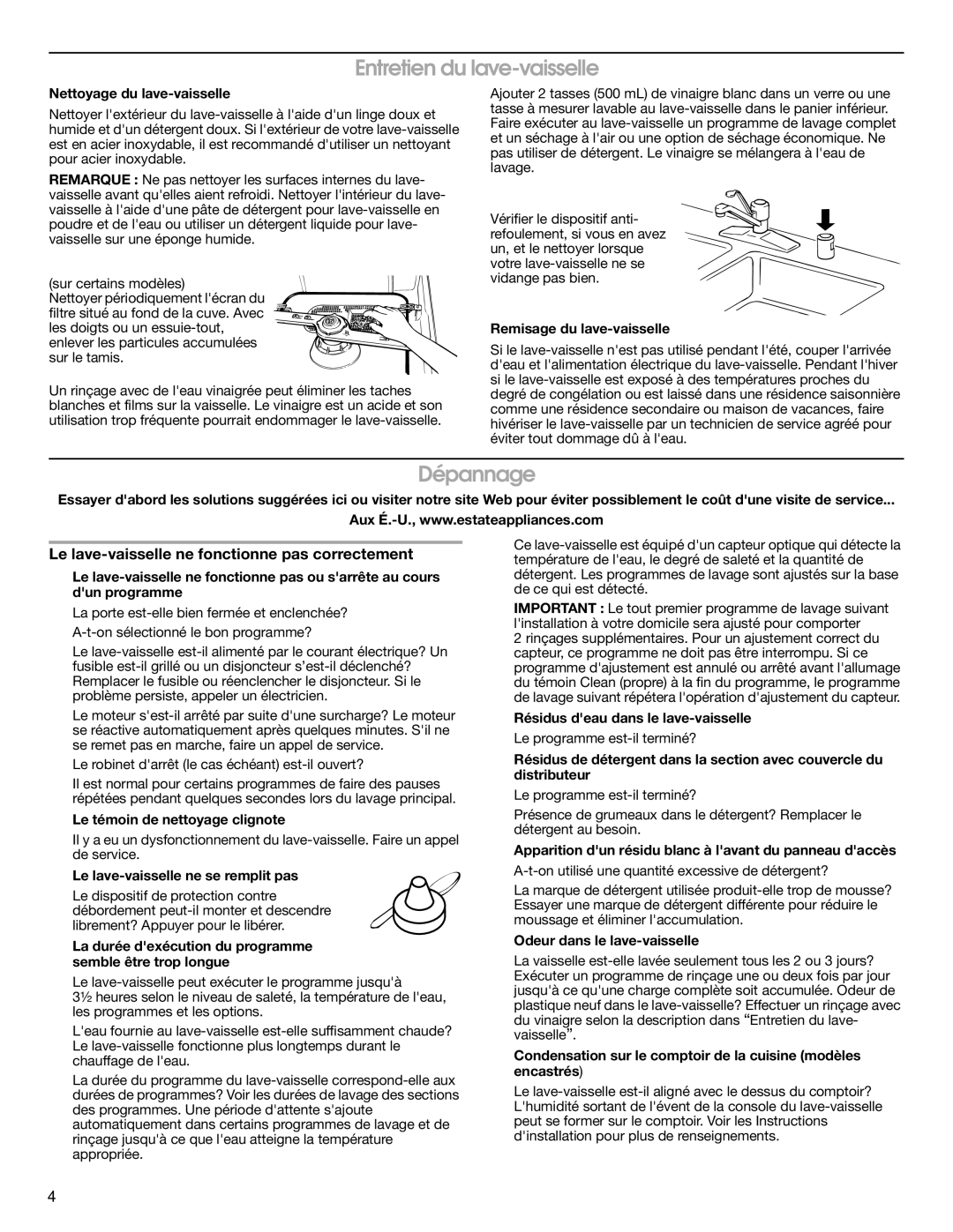 Estate TUD4700SQ Entretien du lave-vaisselle, Dépannage, Le lave-vaisselle ne fonctionne pas correctement 