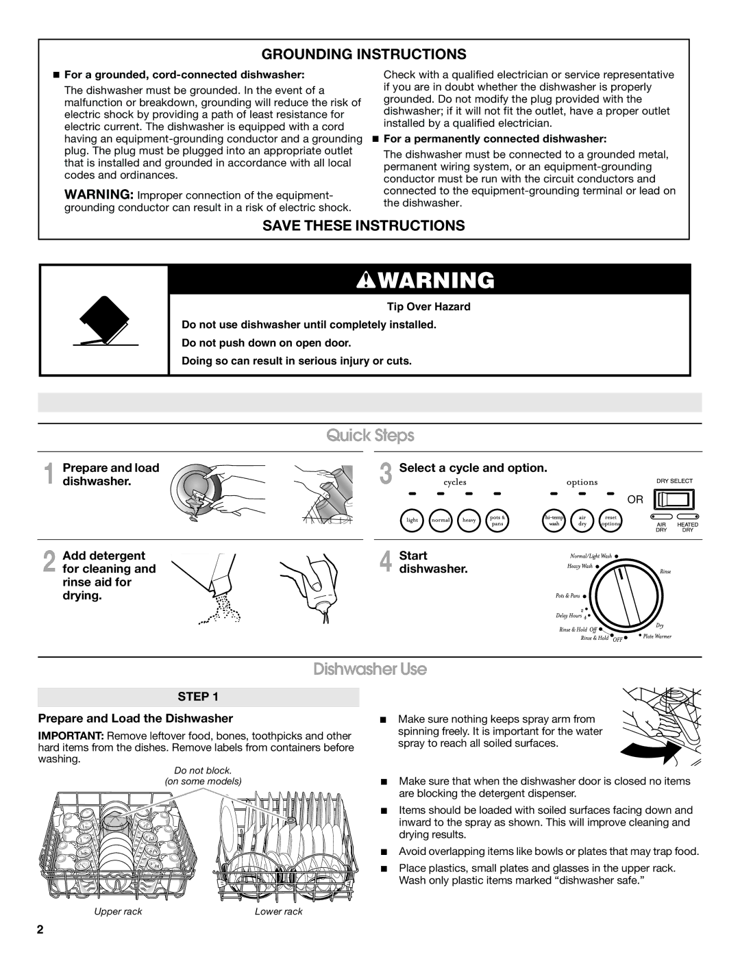 Estate TUD4700SQ important safety instructions Dishwasher Use, Grounding Instructions 