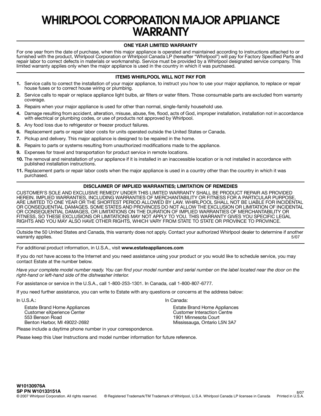 Estate TUD4700SQ important safety instructions Whirlpool Corporation Major Appliance Warranty, W10130976A SP PN W10133151A 