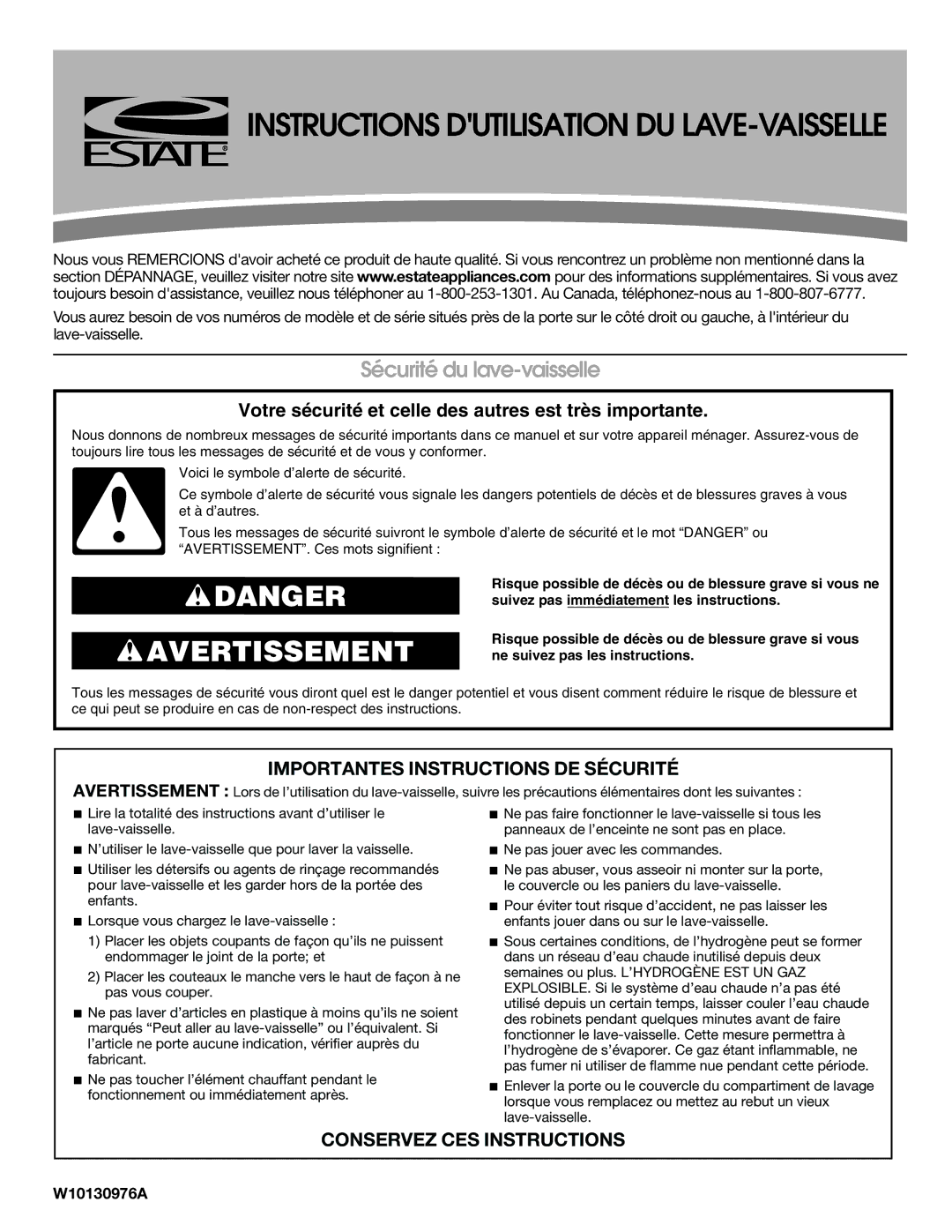 Estate TUD4700SQ Sécurité du lave-vaisselle, Importantes Instructions DE Sécurité, Conservez CES Instructions 