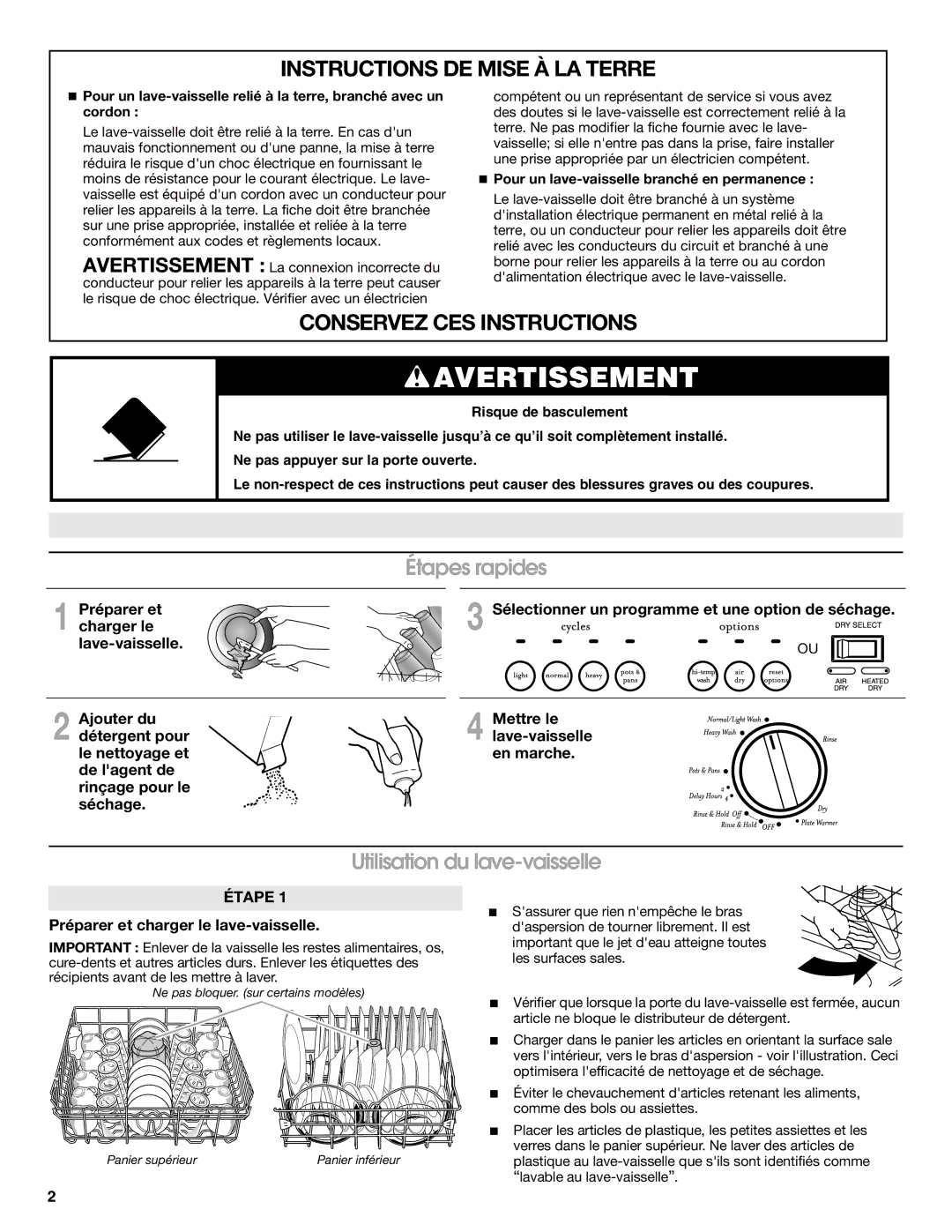 Estate TUD4700SQ important safety instructions Utilisation du lave-vaisselle, Préparer et charger le lave-vaisselle 