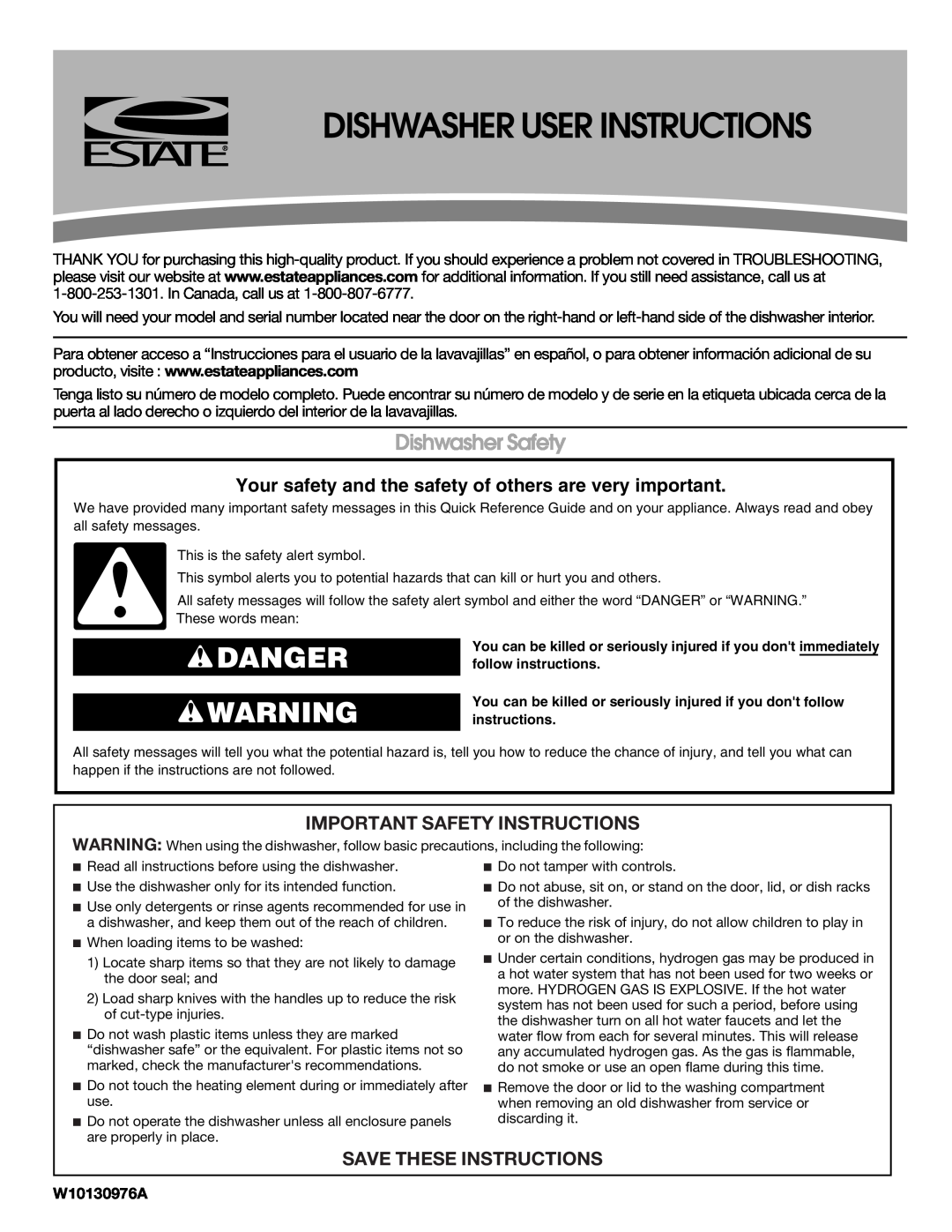 Estate TUD4700SQ important safety instructions Dishwasher User Instructions, Danger, Dishwasher Safety, W10130976A 