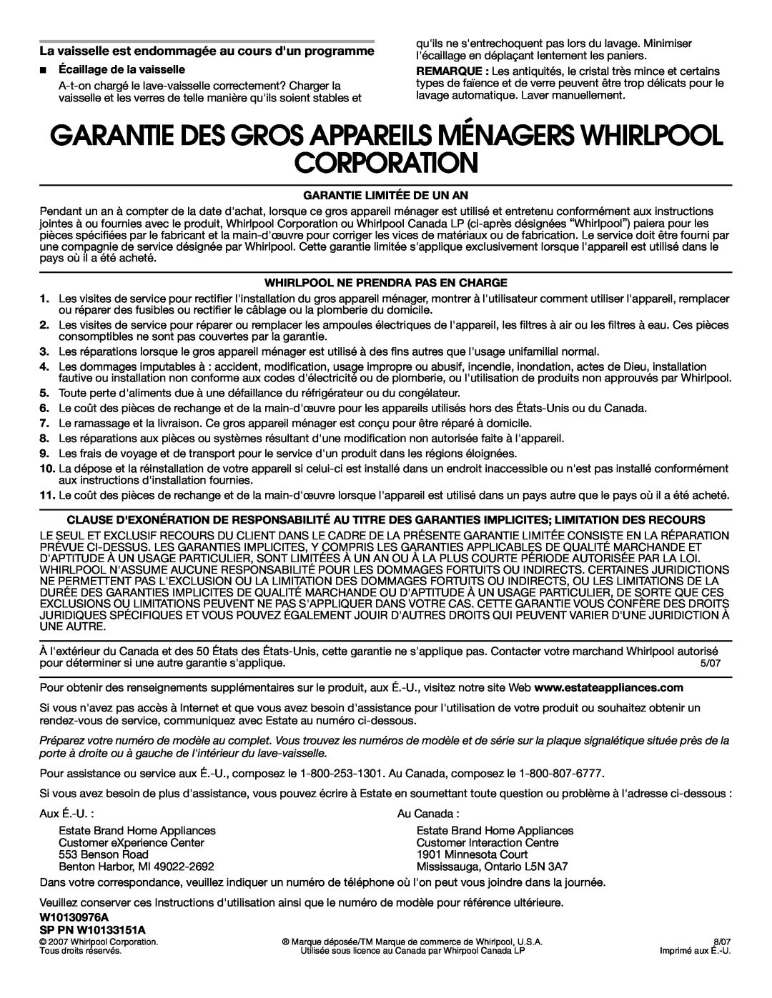 Estate TUD4700SQ important safety instructions Corporation, Garantie Des Gros Appareils Ménagers Whirlpool 