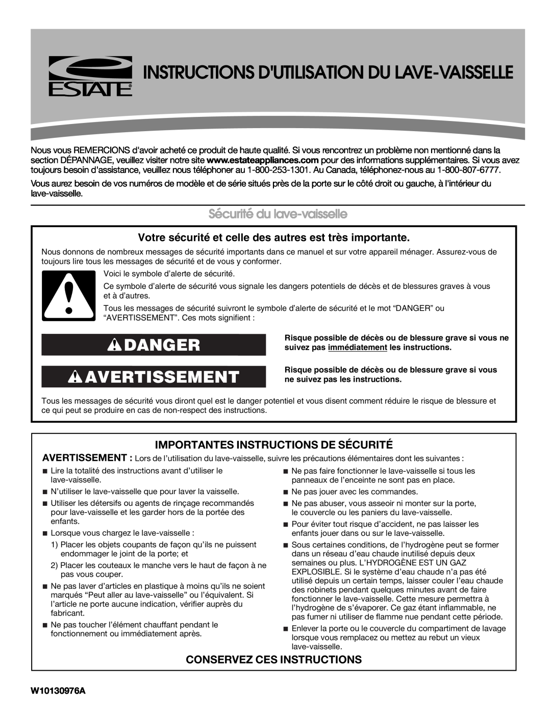 Estate TUD4700SQ Danger Avertissement, Sécurité du lave-vaisselle, Importantes Instructions De Sécurité, W10130976A 