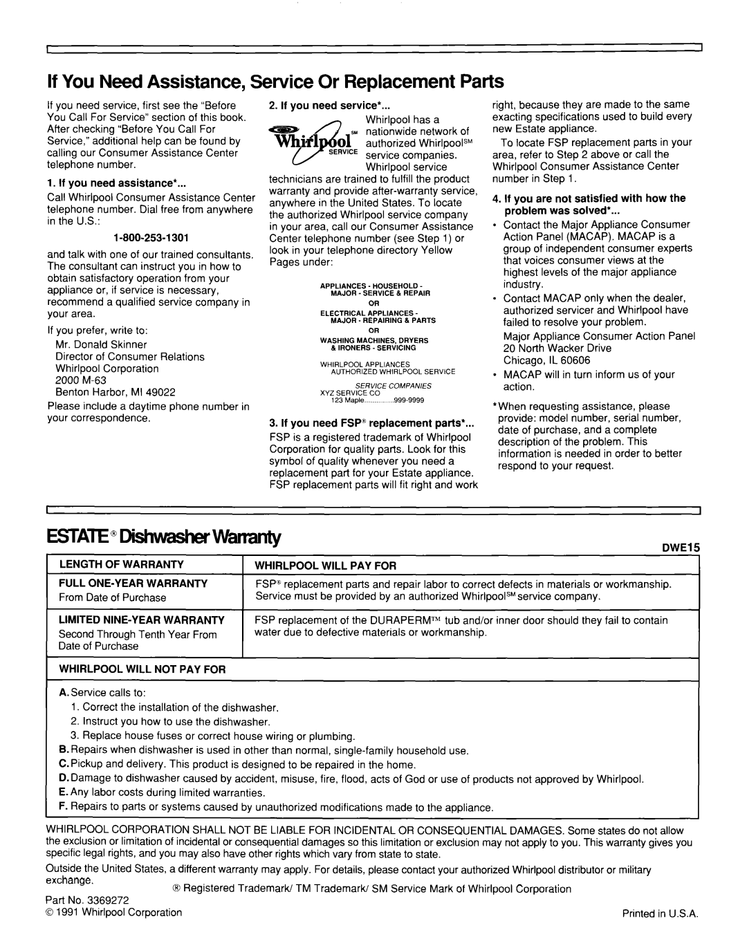 Estate TUD2000W, TUD5000Y, Dishwasher, 119 If You Need Assistance, Service Or Replacement Parts, EsTATEDkhWa&Wwarranty 