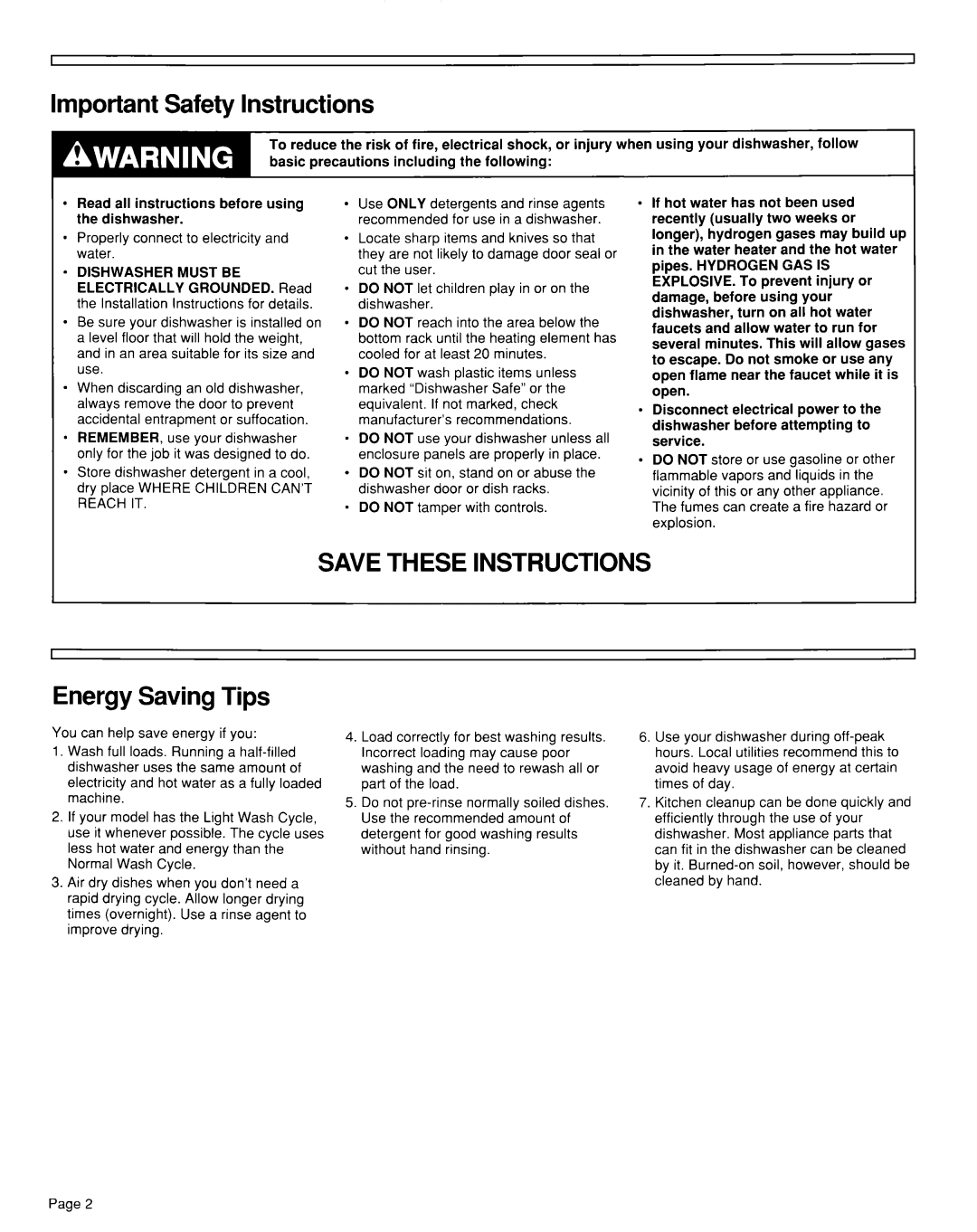 Estate Dishwasher, TUD5000Y, TUD2000W, 119 Important Safety Instructions, Save These Instructions, Energy Saving Tips 