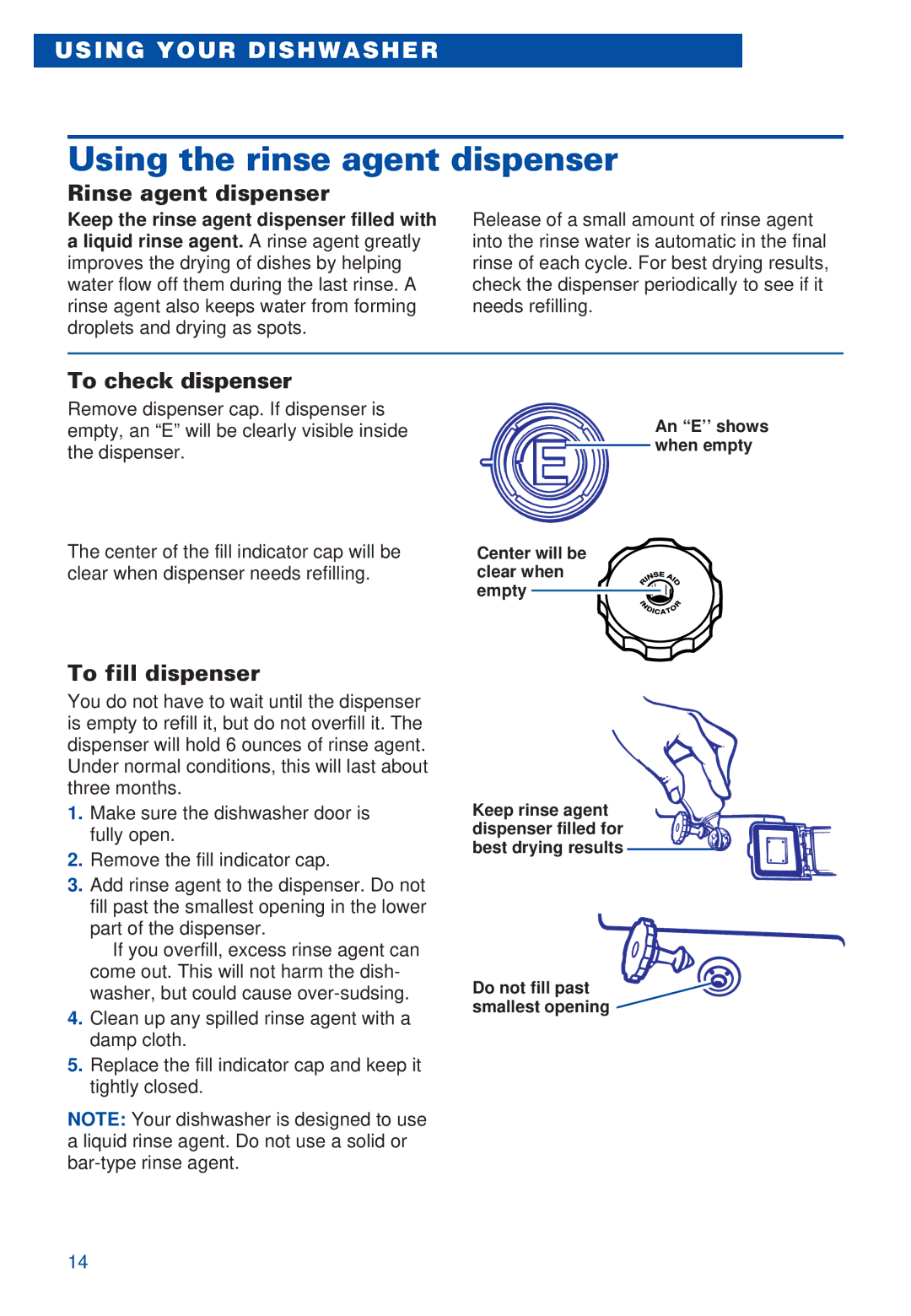 Estate TUD5700, TUD4000 Using the rinse agent dispenser, Rinse agent dispenser, To check dispenser, To fill dispenser 