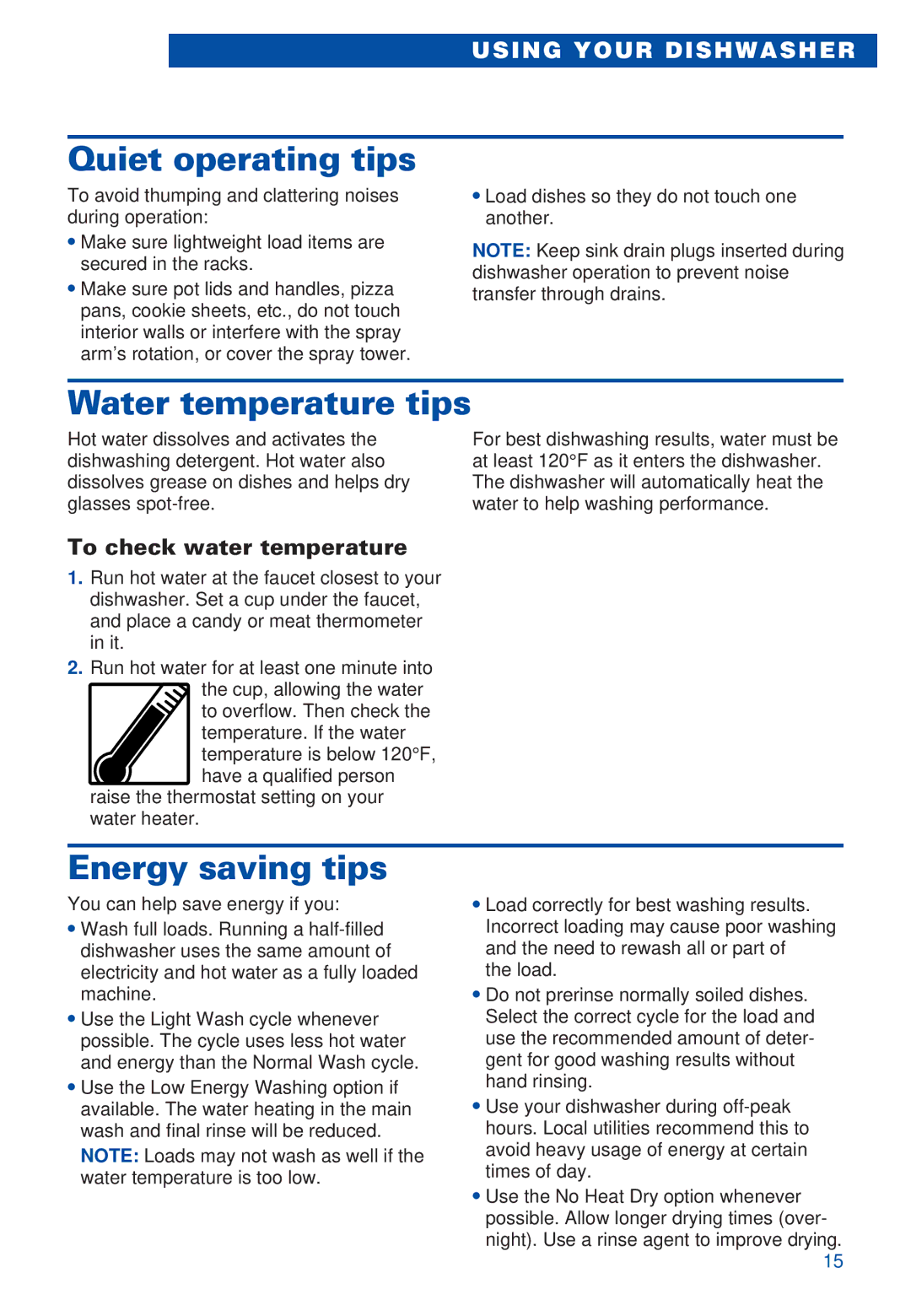 Estate TUD4000, TUD5700 Quiet operating tips, Water temperature tips, Energy saving tips, To check water temperature 