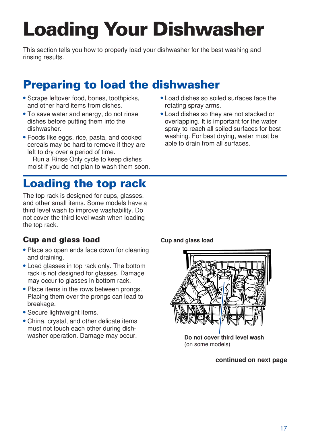 Estate TUD4000 warranty Loading Your Dishwasher, Preparing to load the dishwasher, Loading the top rack, Cup and glass load 