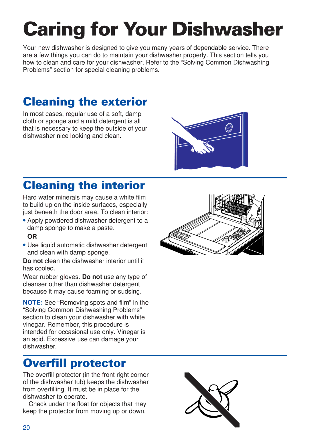 Estate TUD5700, TUD4000 Caring for Your Dishwasher, Cleaning the exterior, Cleaning the interior, Overfill protector 