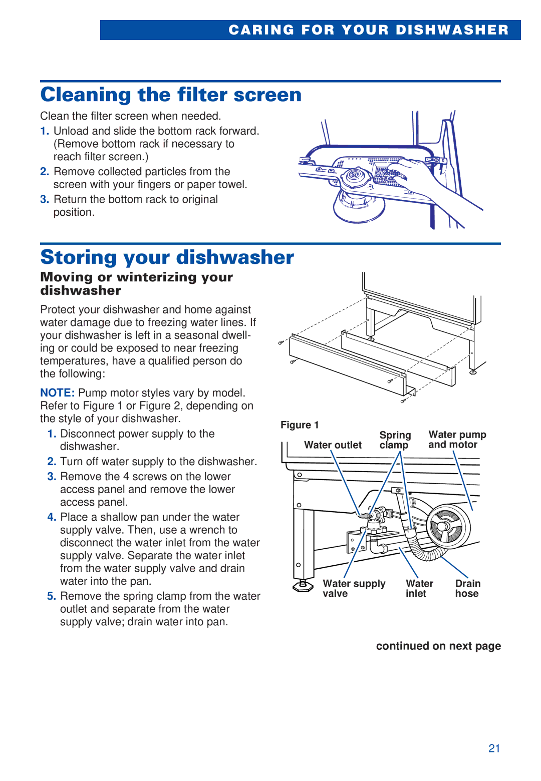 Estate TUD4000, TUD5700 warranty Cleaning the filter screen, Storing your dishwasher, Moving or winterizing your dishwasher 