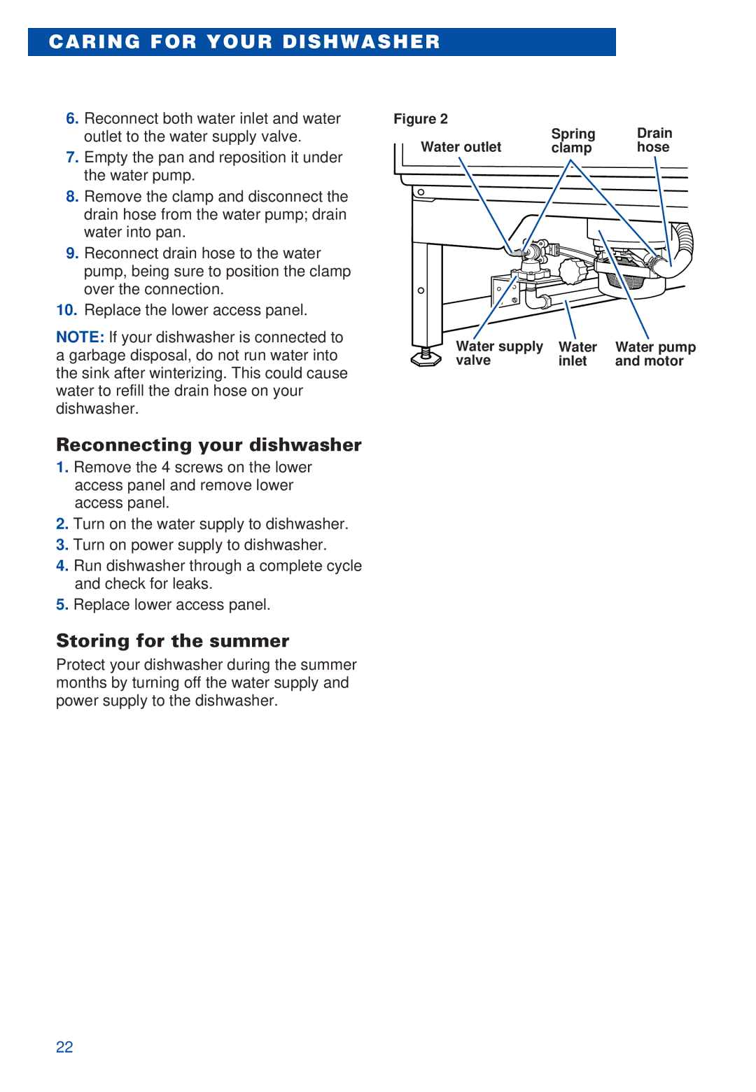 Estate TUD5700, TUD4000 warranty Reconnecting your dishwasher, Storing for the summer 