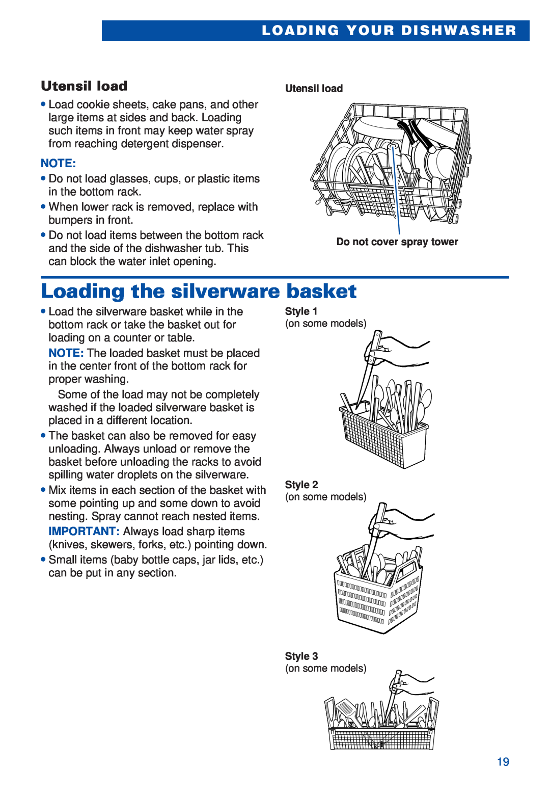 Estate TUD4000, TUD5700 warranty Loading the silverware basket, Loading Your Dishwasher, Utensil load 