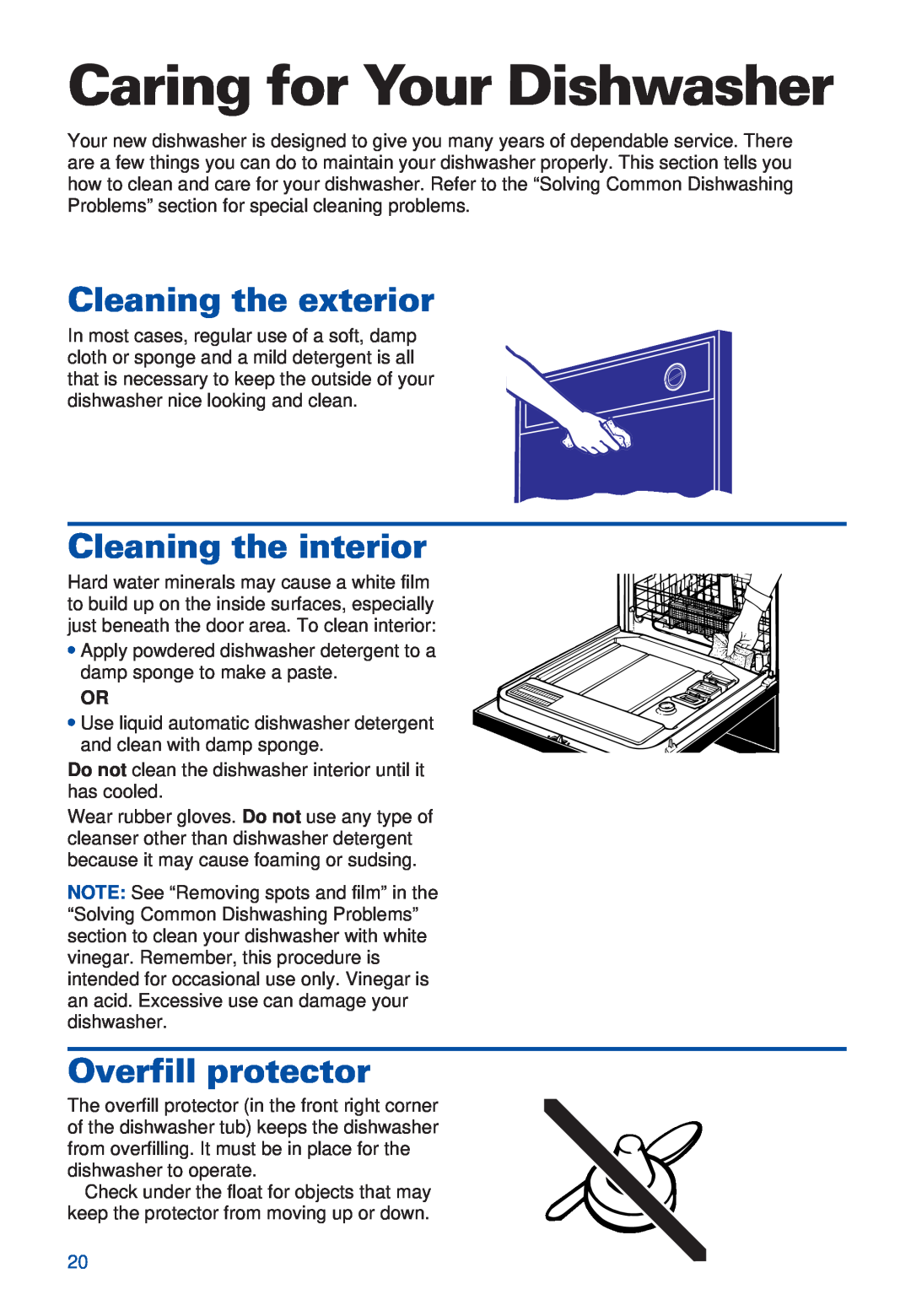 Estate TUD5700, TUD4000 Caring for Your Dishwasher, Cleaning the exterior, Cleaning the interior, Overfill protector 