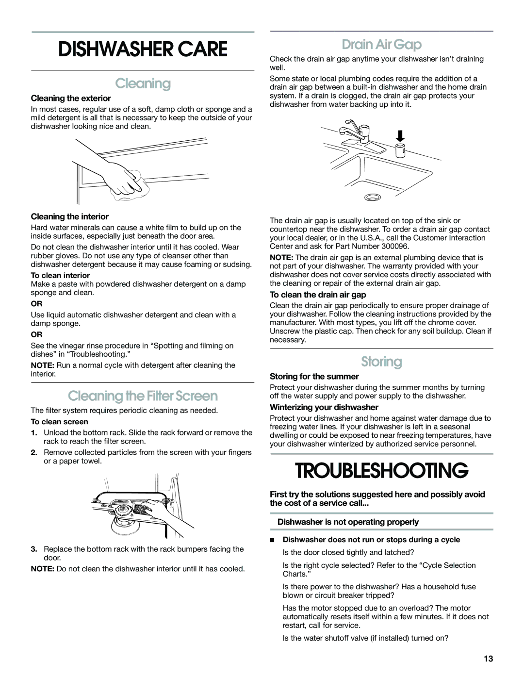 Estate TUD4700, TUD5700 manual Dishwasher Care, Troubleshooting 