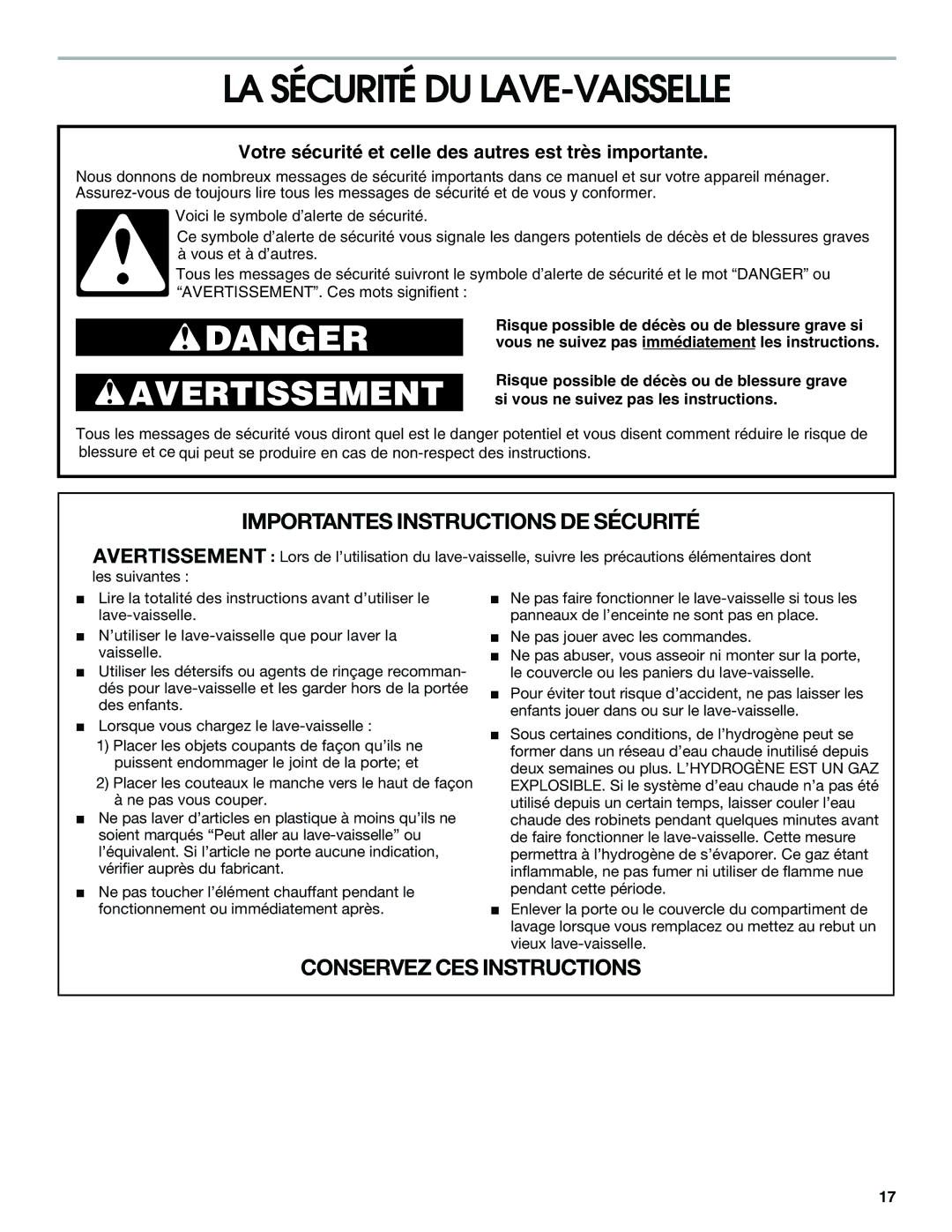 Estate TUD4700, TUD5700 manual LA Sécurité DU LAVE-VAISSELLE, Votre sécurité et celle des autres est très importante 