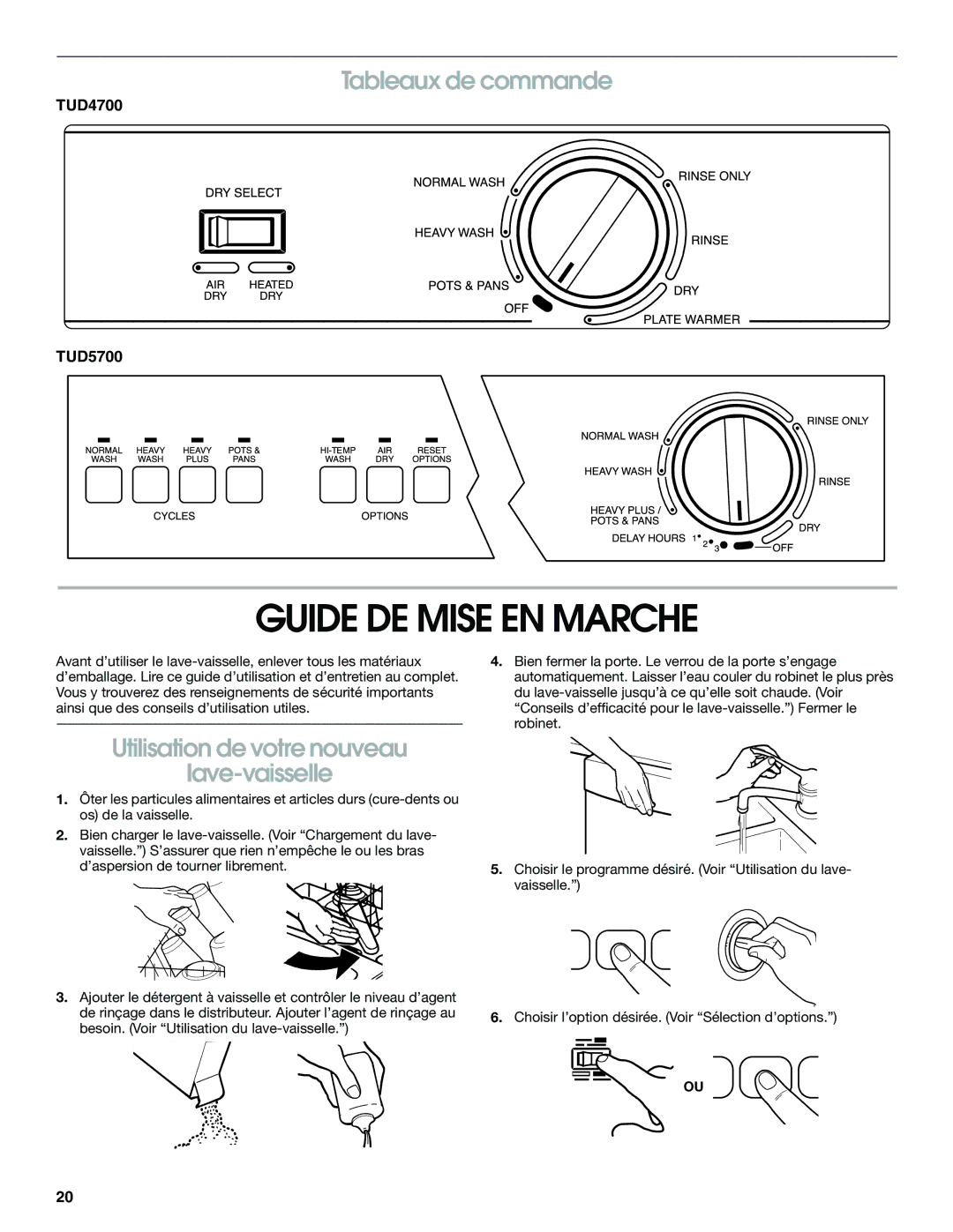 Estate TUD5700, TUD4700 manual Guide DE Mise EN Marche, Tableaux de commande, Utilisation de votre nouveau Lave-vaisselle 