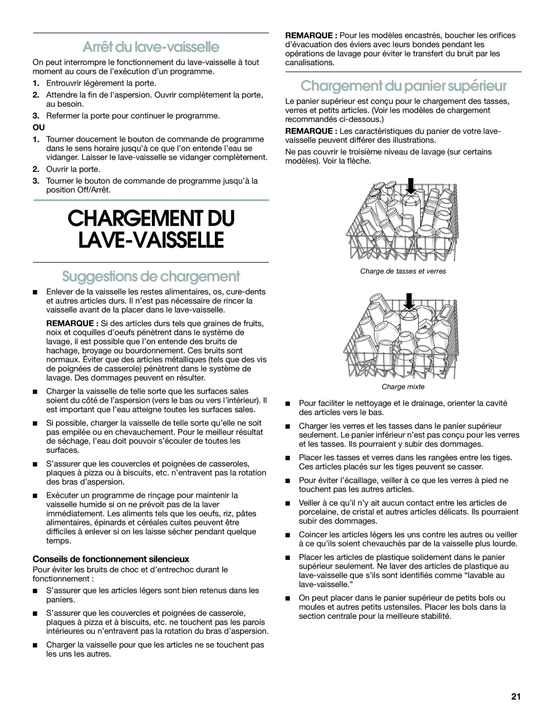 Estate TUD4700, TUD5700 manual Chargement DU LAVE-VAISSELLE, Arrêt du lave-vaisselle, Suggestions de chargement 