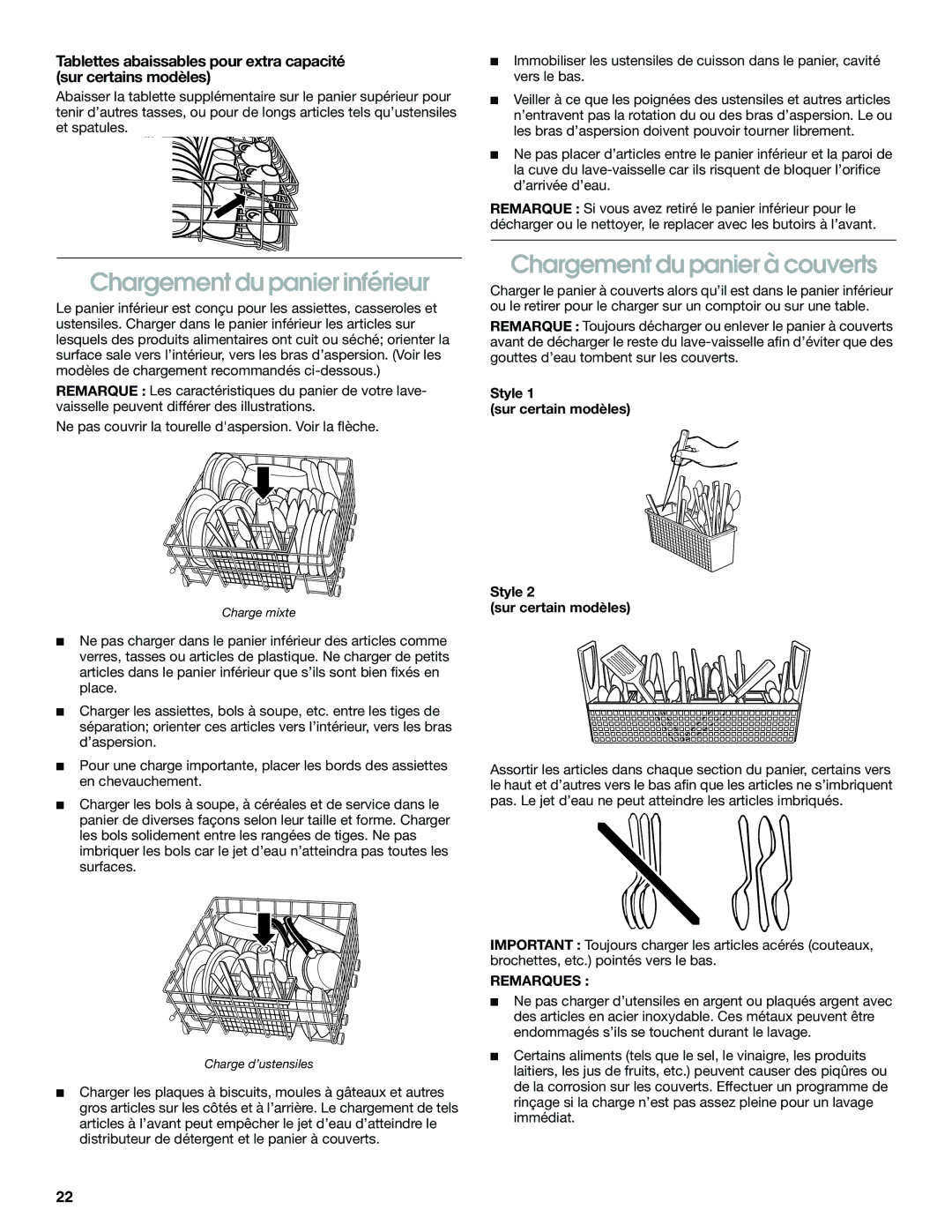 Estate TUD5700, TUD4700 manual Chargement du panier inférieur, Chargement du panier à couverts, Style Sur certain modèles 