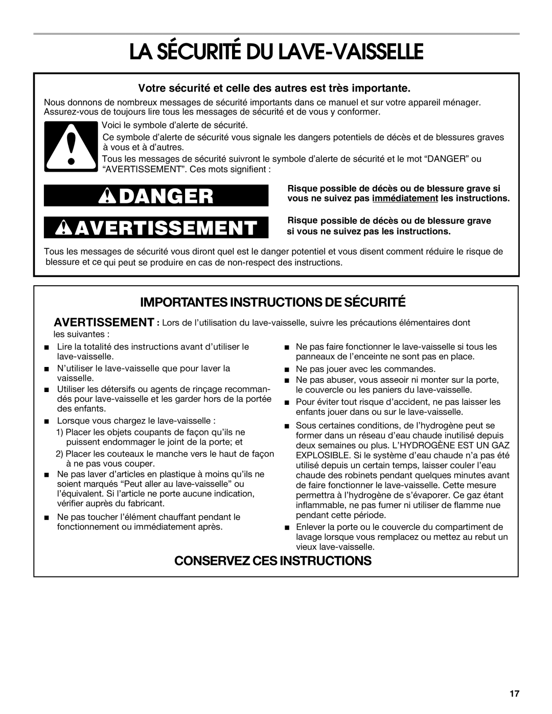 Estate TUD4700, TUD5700 manual La Sécurité Du Lave-Vaisselle, Votre sécurité et celle des autres est très importante, Danger 