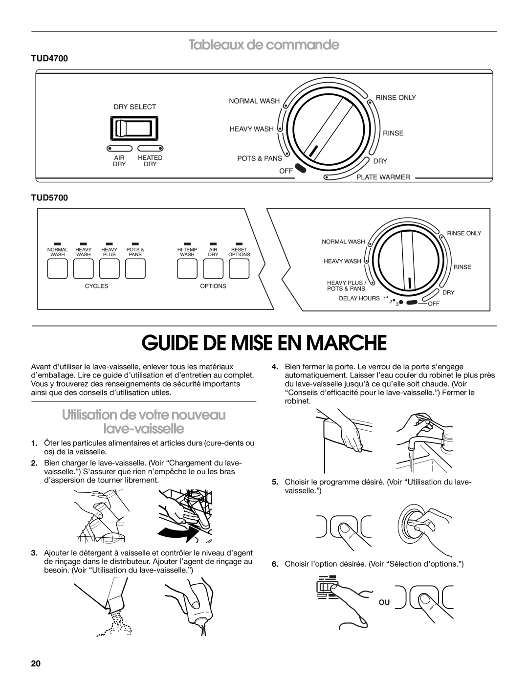 Estate TUD5700, TUD4700 manual Guide De Mise En Marche, Tableaux de commande, Utilisation de votre nouveau lave-vaisselle 