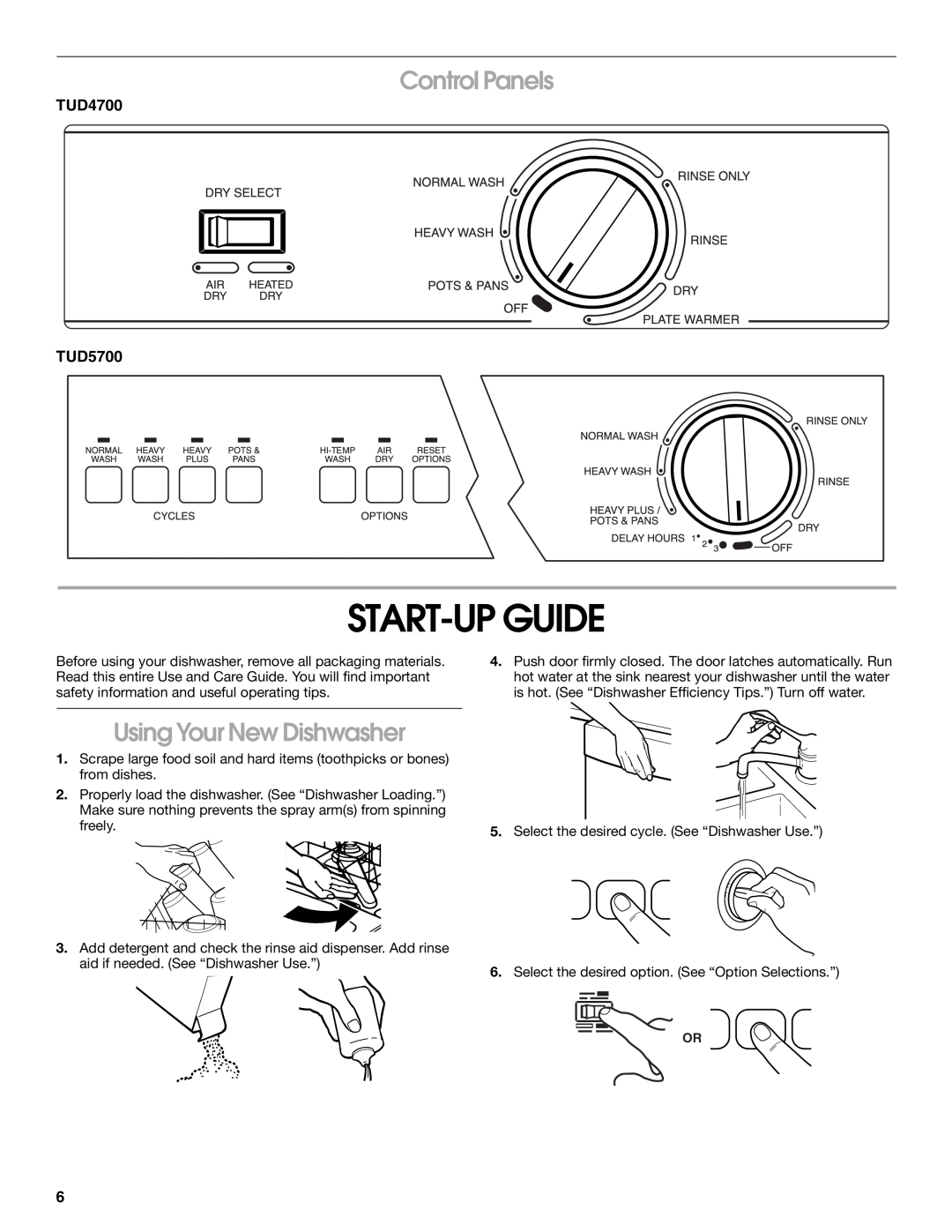 Estate TUD5700, TUD4700 manual Start-Up Guide, Control Panels, Using Your New Dishwasher 
