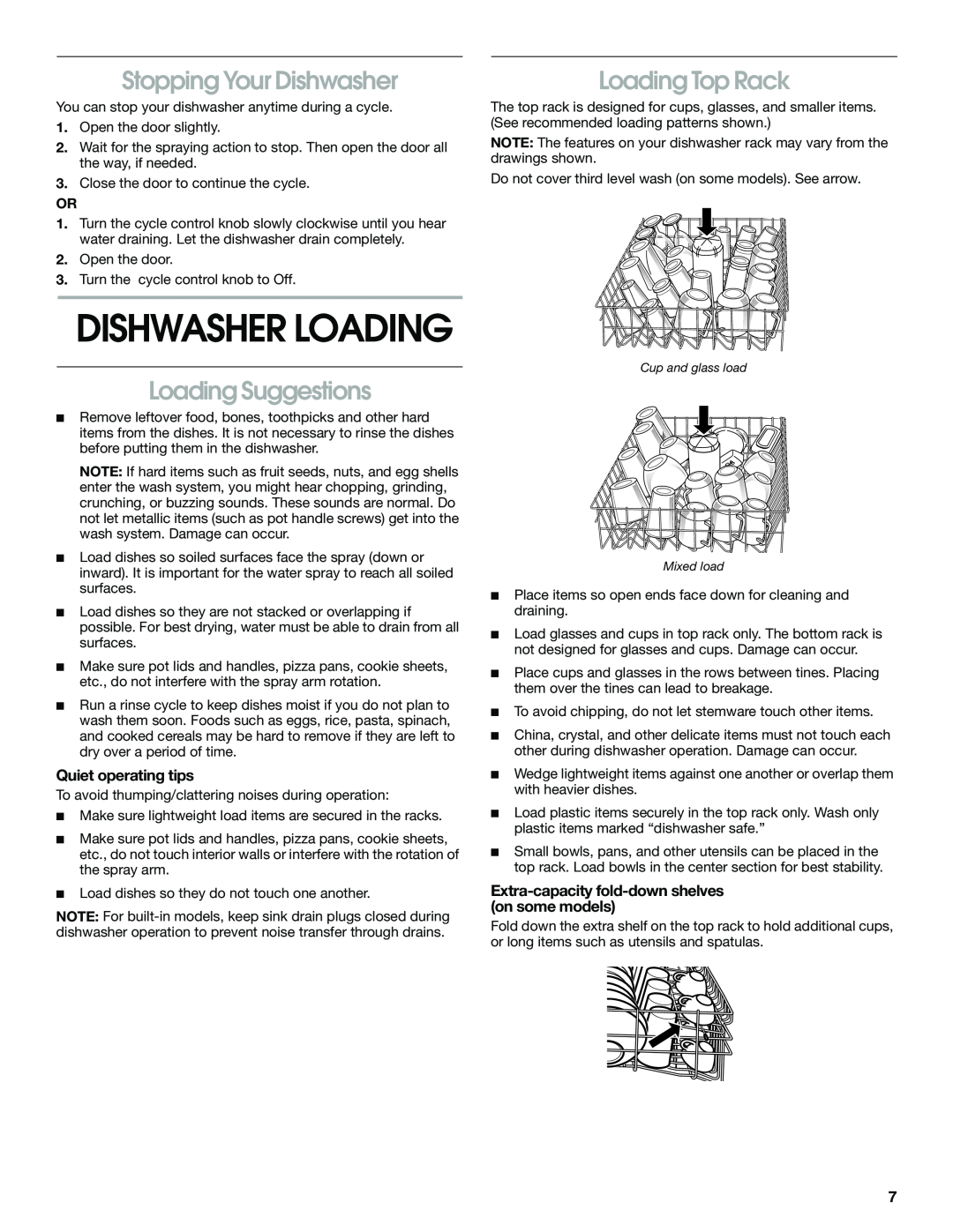 Estate TUD4700 Stopping Your Dishwasher, Loading Suggestions, Loading Top Rack, Quiet operating tips, Dishwasher Loading 