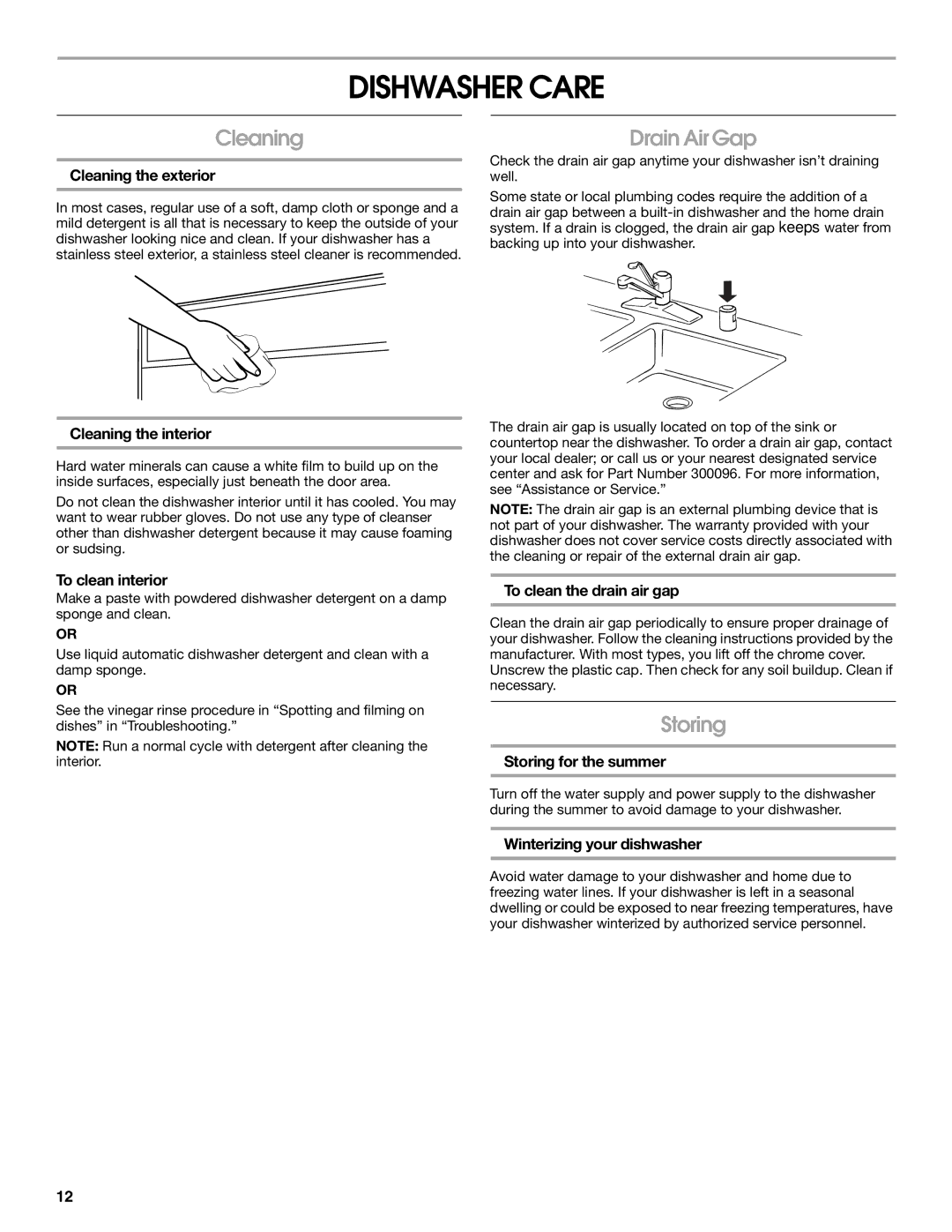 Estate TUD6750, TUD6710 manual Dishwasher Care, Cleaning, Drain Air Gap, Storing 