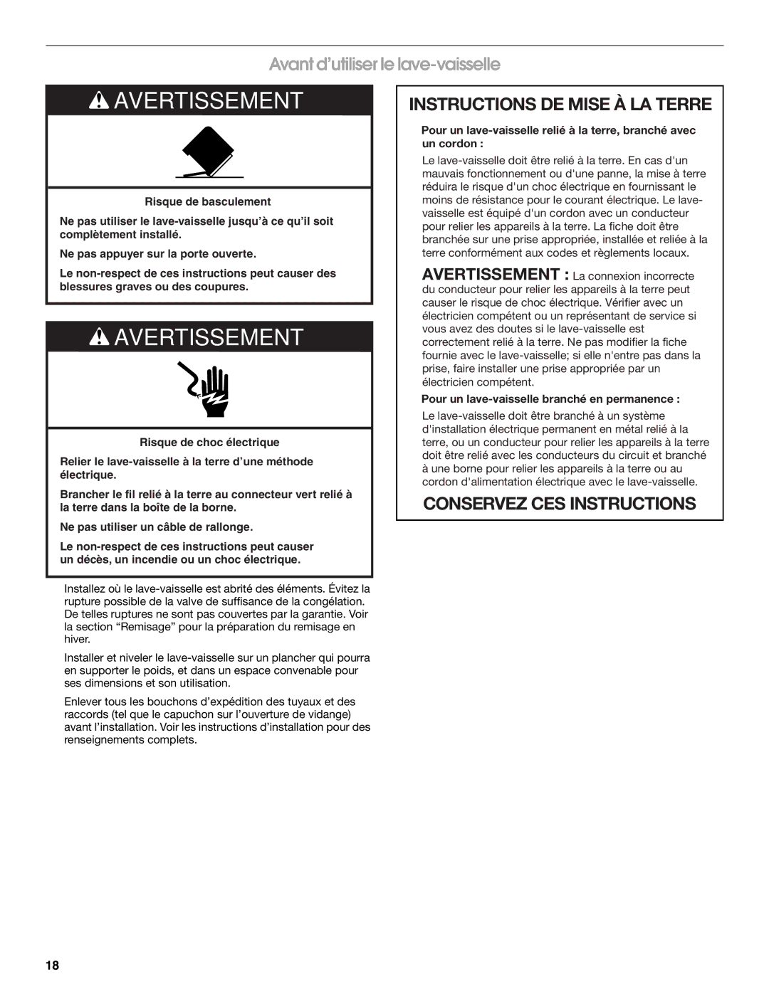 Estate TUD6750, TUD6710 manual Avant d’utiliser le lave-vaisselle, Instructions DE Mise À LA Terre 