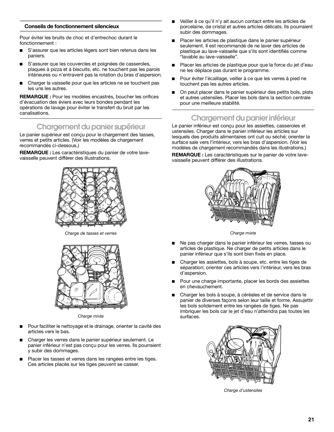 Estate TUD6710 manual Chargement du panier supérieur, Chargement du panier inférieur, Conseils de fonctionnement silencieux 