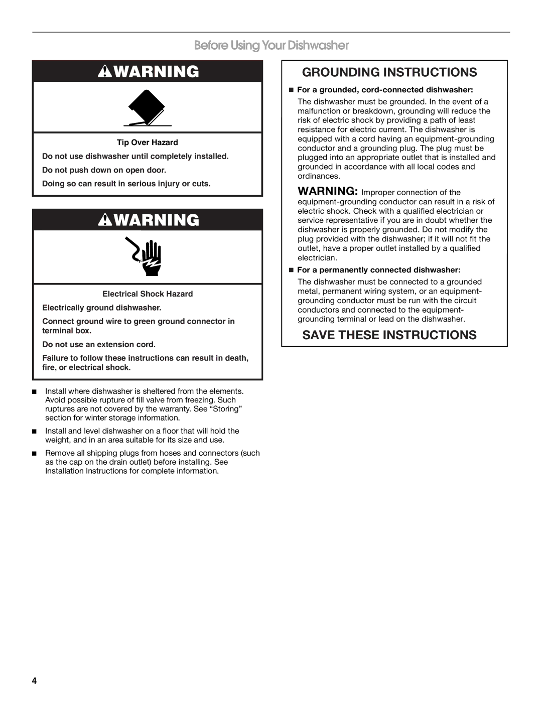 Estate TUD6750, TUD6710 manual Before Using Your Dishwasher, Tip Over Hazard, For a grounded, cord-connected dishwasher 