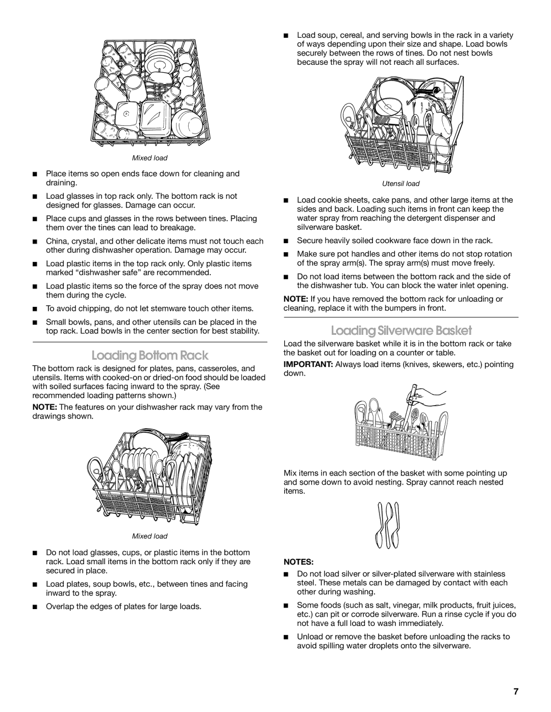 Estate TUD6710, TUD6750 manual Loading Bottom Rack, Loading Silverware Basket 