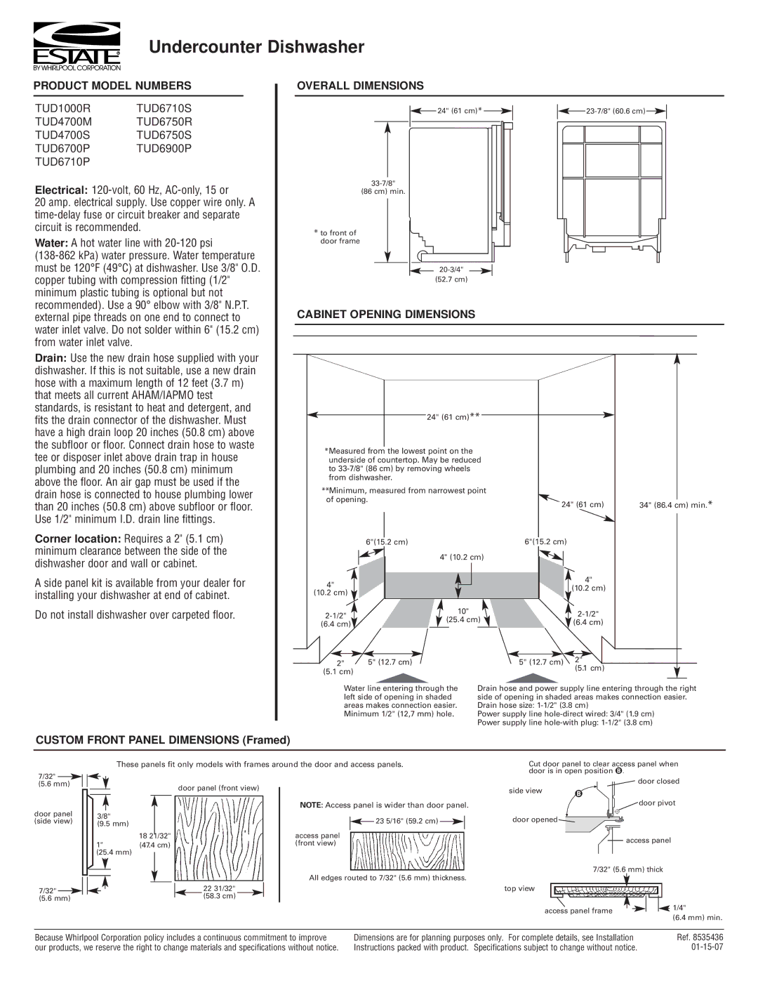 Estate TUD6710S dimensions Undercounter Dishwasher, Product Model Numbers Overall Dimensions, Cabinet Opening Dimensions 