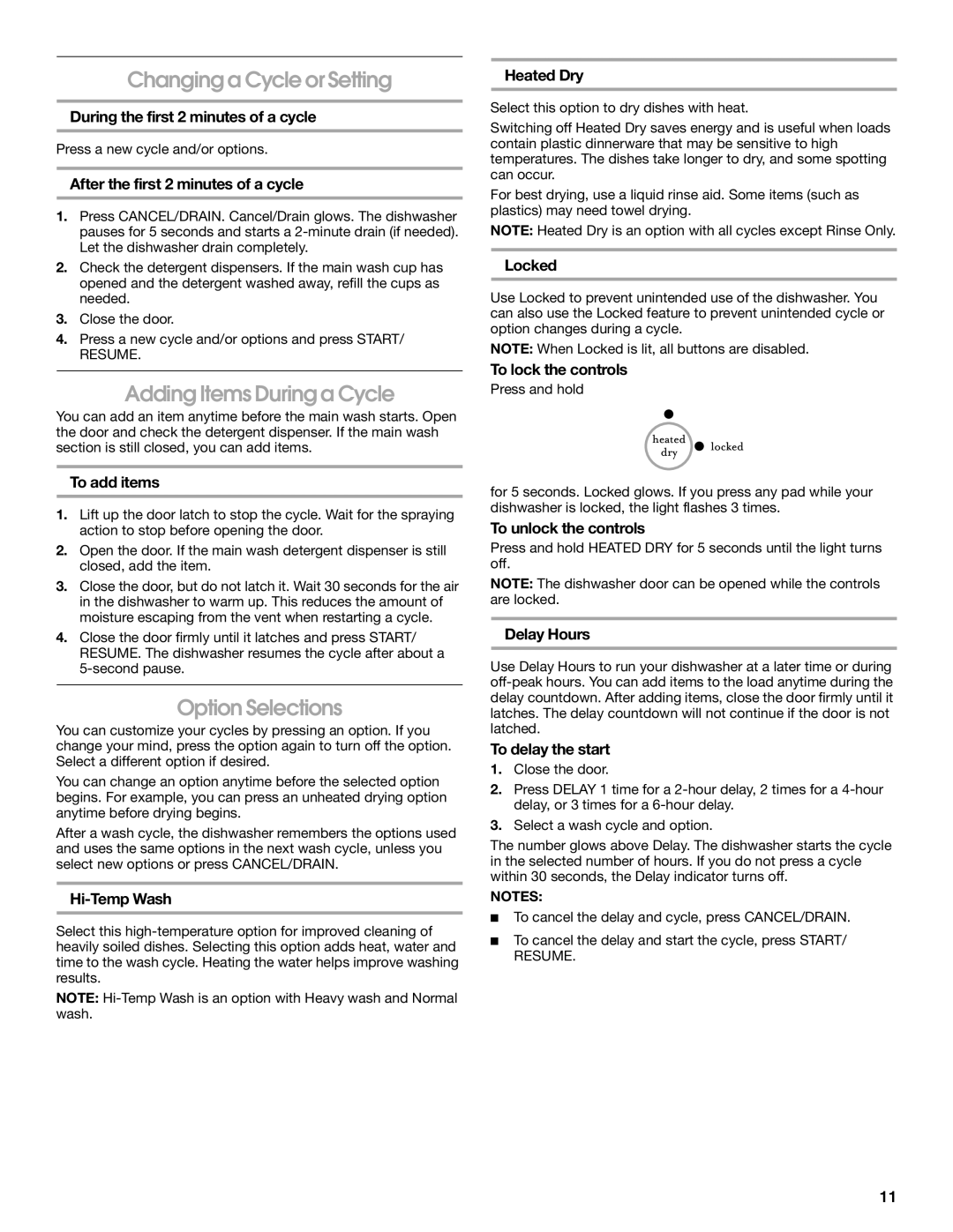 Estate TUD6900 manual Changing a Cycle or Setting, Adding Items During a Cycle, Option Selections 