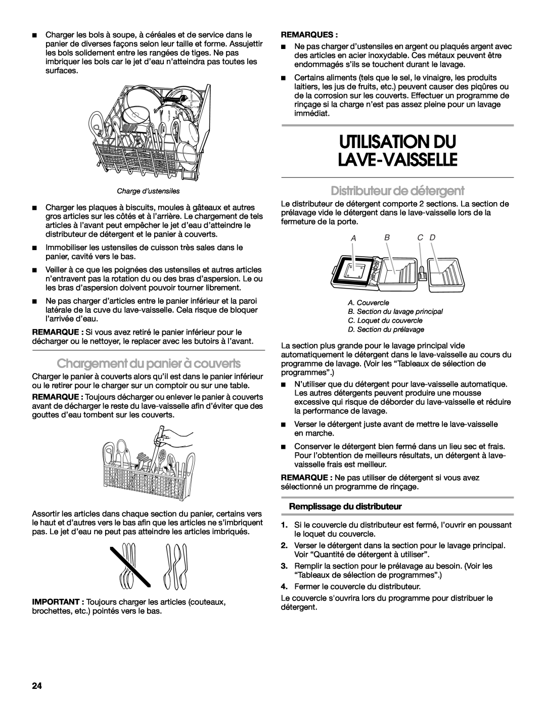 Estate TUD6900 manual Utilisation Du Lave-Vaisselle, Chargement du panier à couverts, Distributeur de détergent, Remarques 