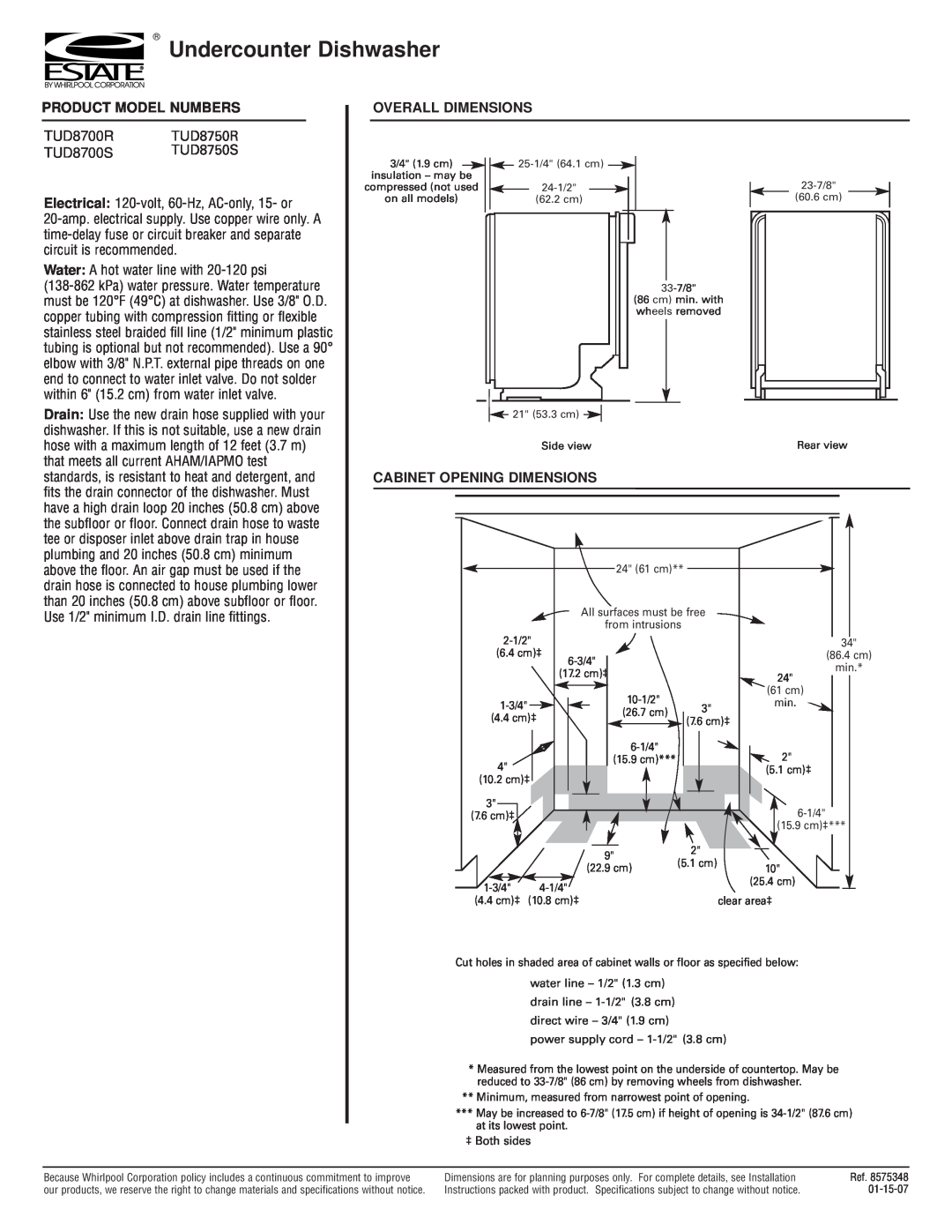 Estate dimensions Undercounter Dishwasher, Product Model Numbers, TUD8700R TUD8750R TUD8700S TUD8750S 