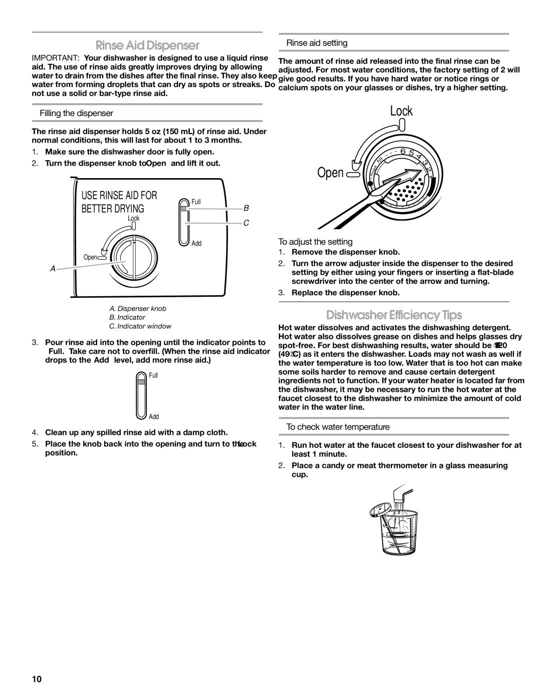 Estate TUD8700S manual Rinse Aid Dispenser, Dishwasher Efficiency Tips, Rinse aid setting, To adjust the setting 