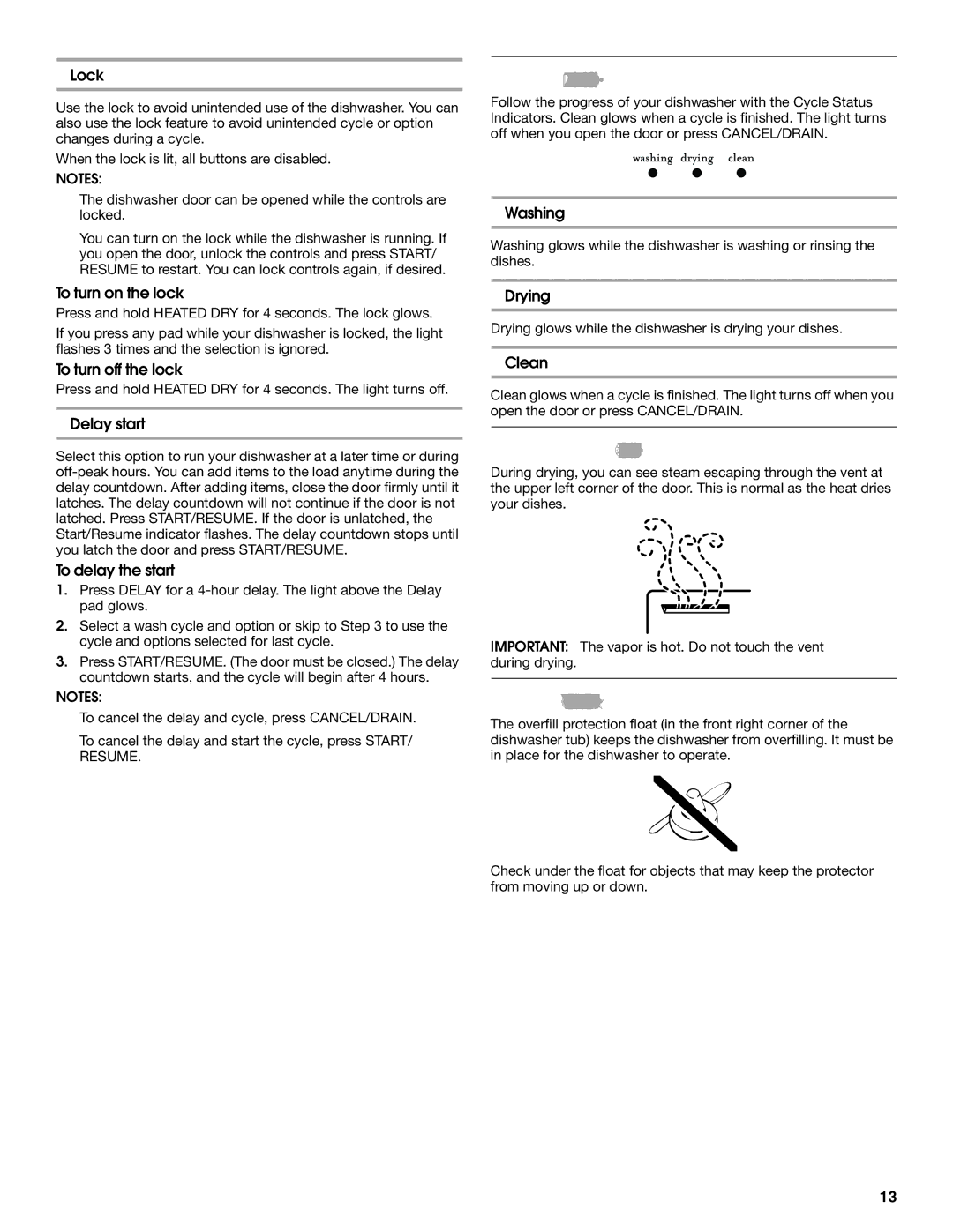 Estate TUD8700S manual Cycle Status Indicators, Drying System, Overfill Protection Float 