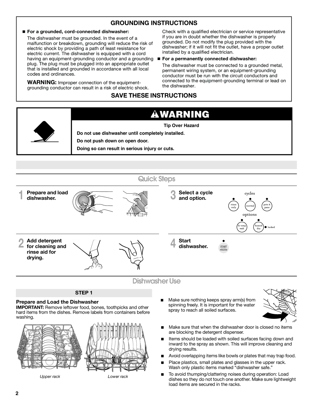 Estate TUD8700SQ important safety instructions Dishwasher Use, Grounding Instructions 