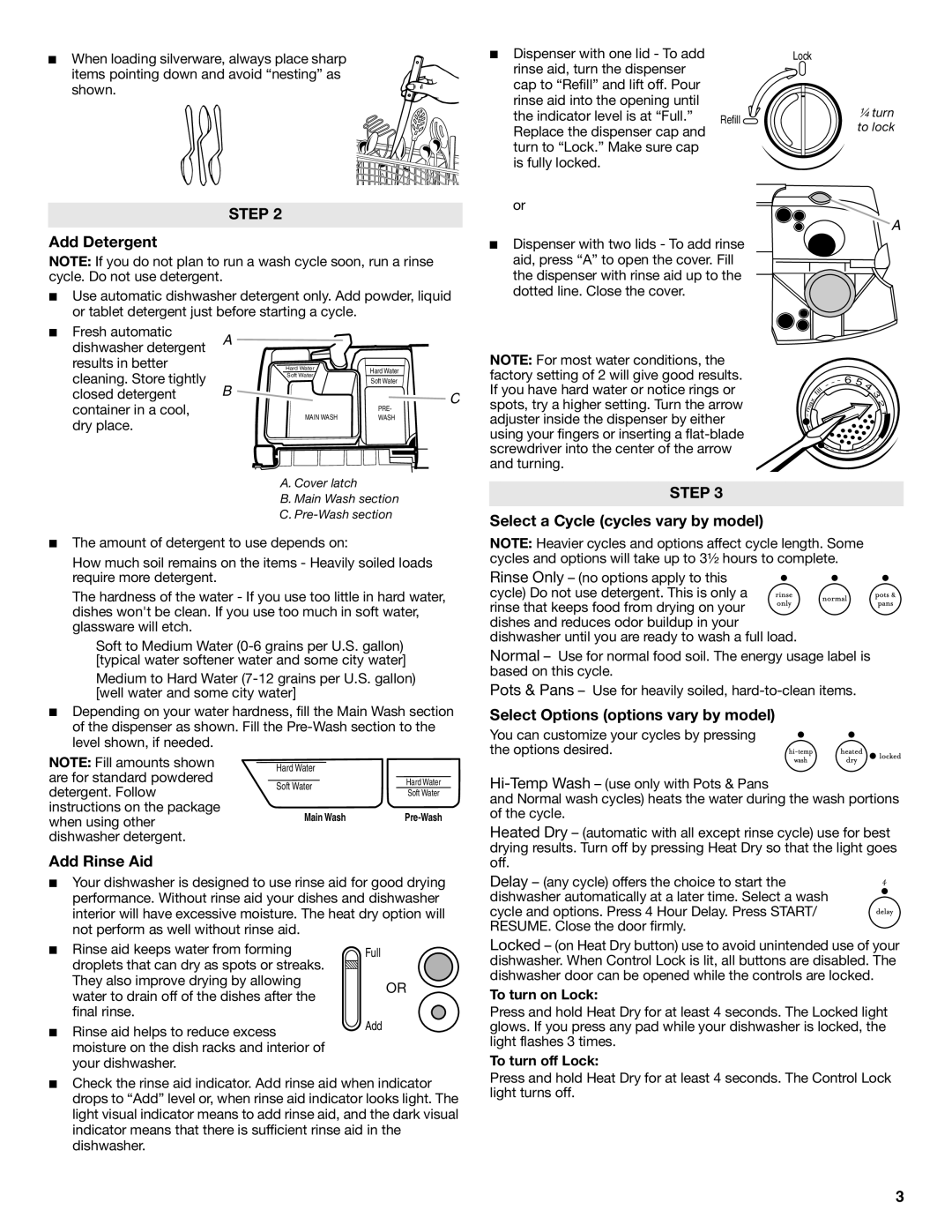 Estate TUD8700SQ Add Rinse Aid, Select a Cycle cycles vary by model, Select Options options vary by model, To turn on Lock 