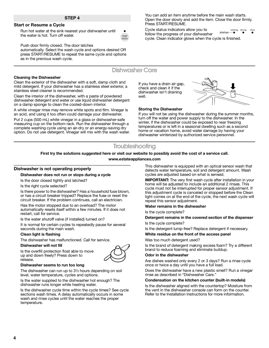 Estate TUD8700SQ Dishwasher Care, Troubleshooting, Start or Resume a Cycle, Dishwasher is not operating properly 