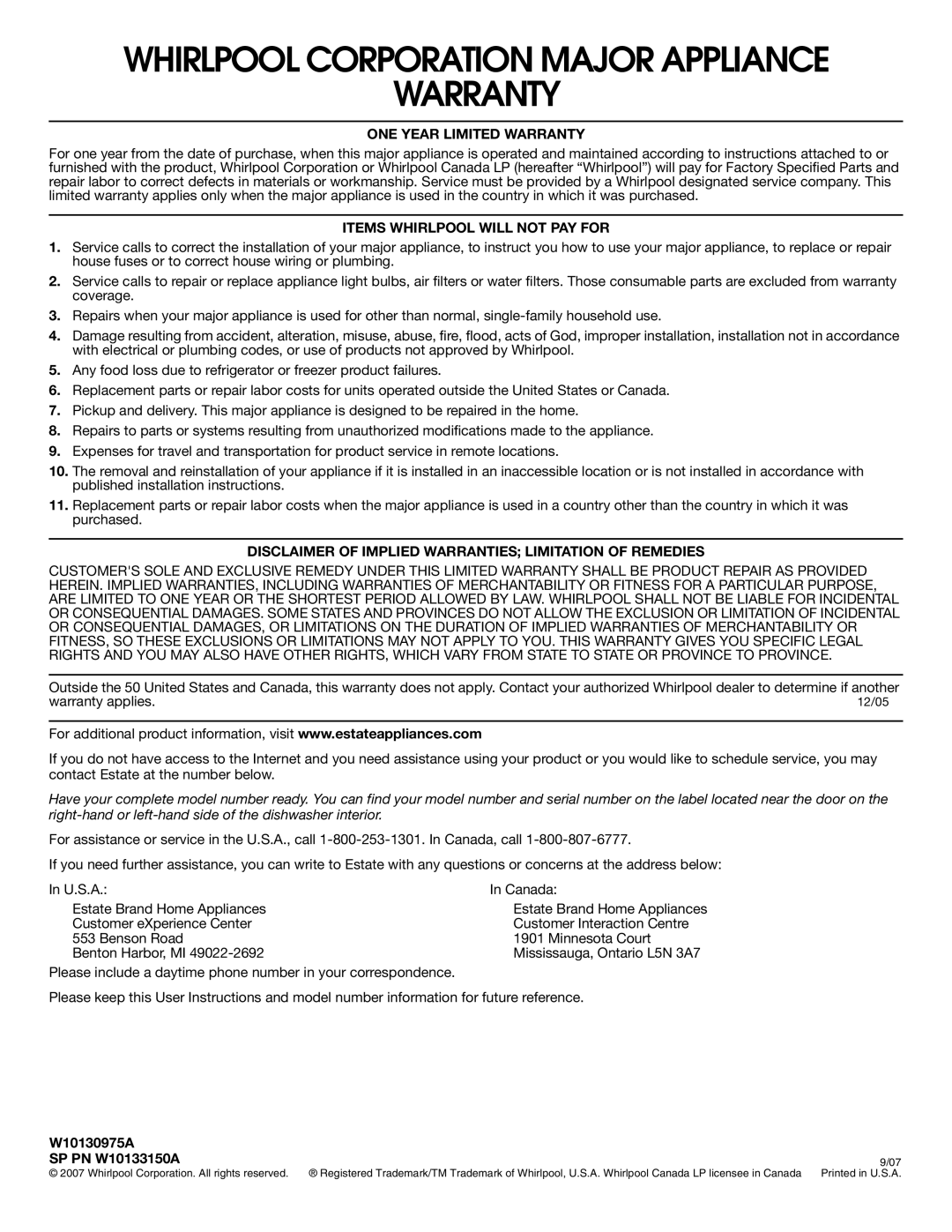 Estate TUD8700SQ important safety instructions Whirlpool Corporation Major Appliance Warranty, W10130975A SP PN W10133150A 