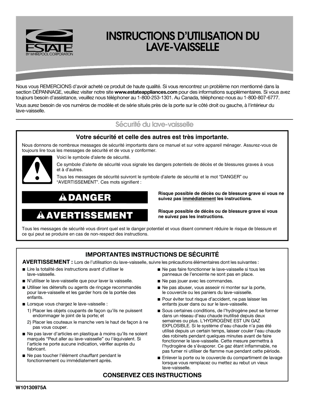 Estate TUD8700SQ Instructions D’UTILISATION DU LAVE-VAISSELLE, Sécurité du lave-vaisselle, Conservez CES Instructions 