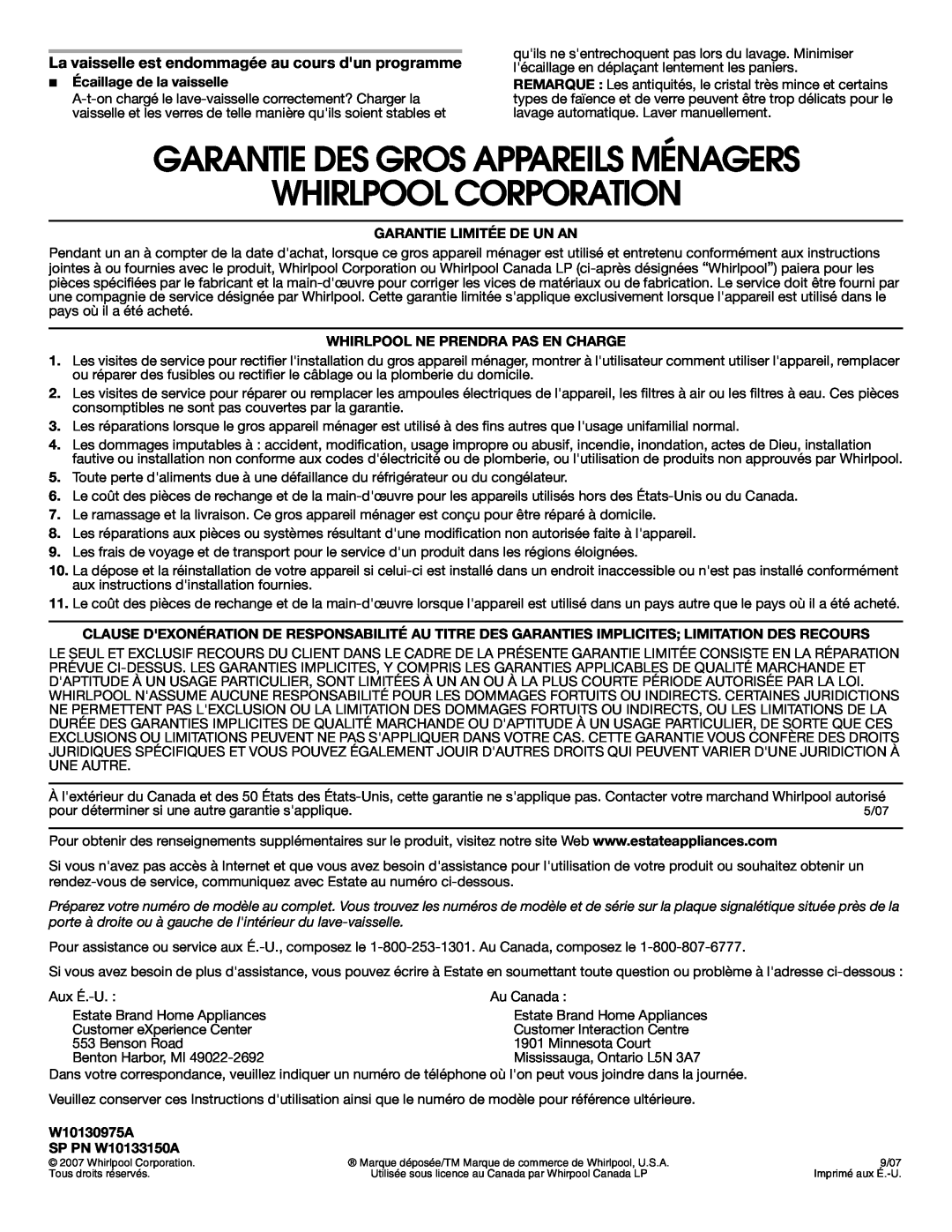 Estate TUD8700SQ important safety instructions Garantie Des Gros Appareils Ménagers Whirlpool Corporation 