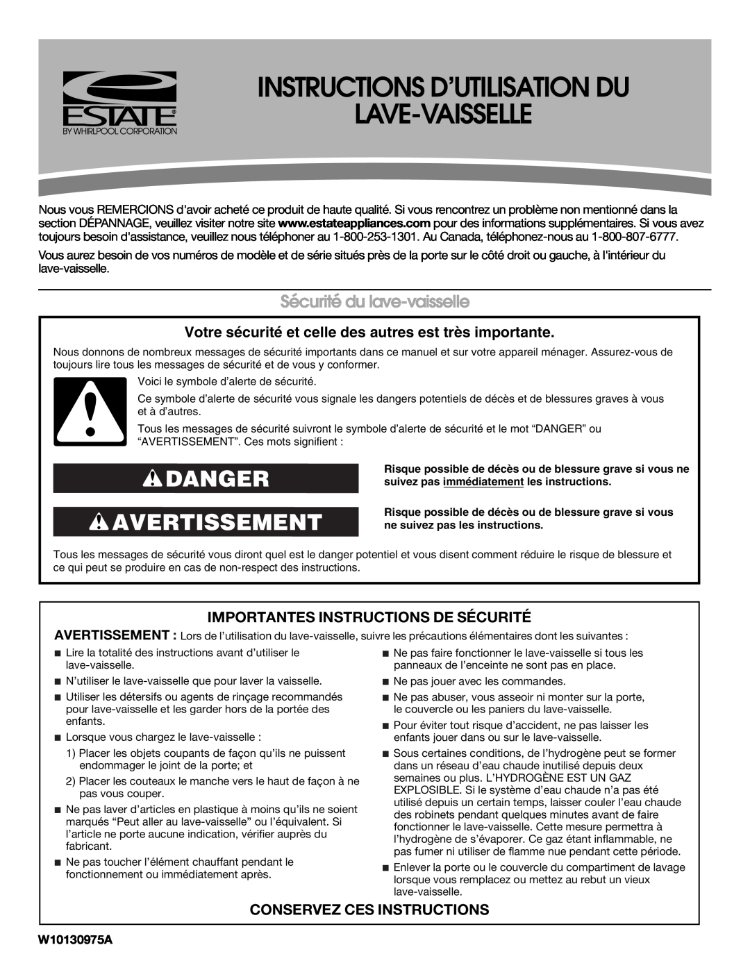 Estate TUD8700SQ Instructions D’Utilisation Du Lave-Vaisselle, Danger Avertissement, Sécurité du lave-vaisselle 